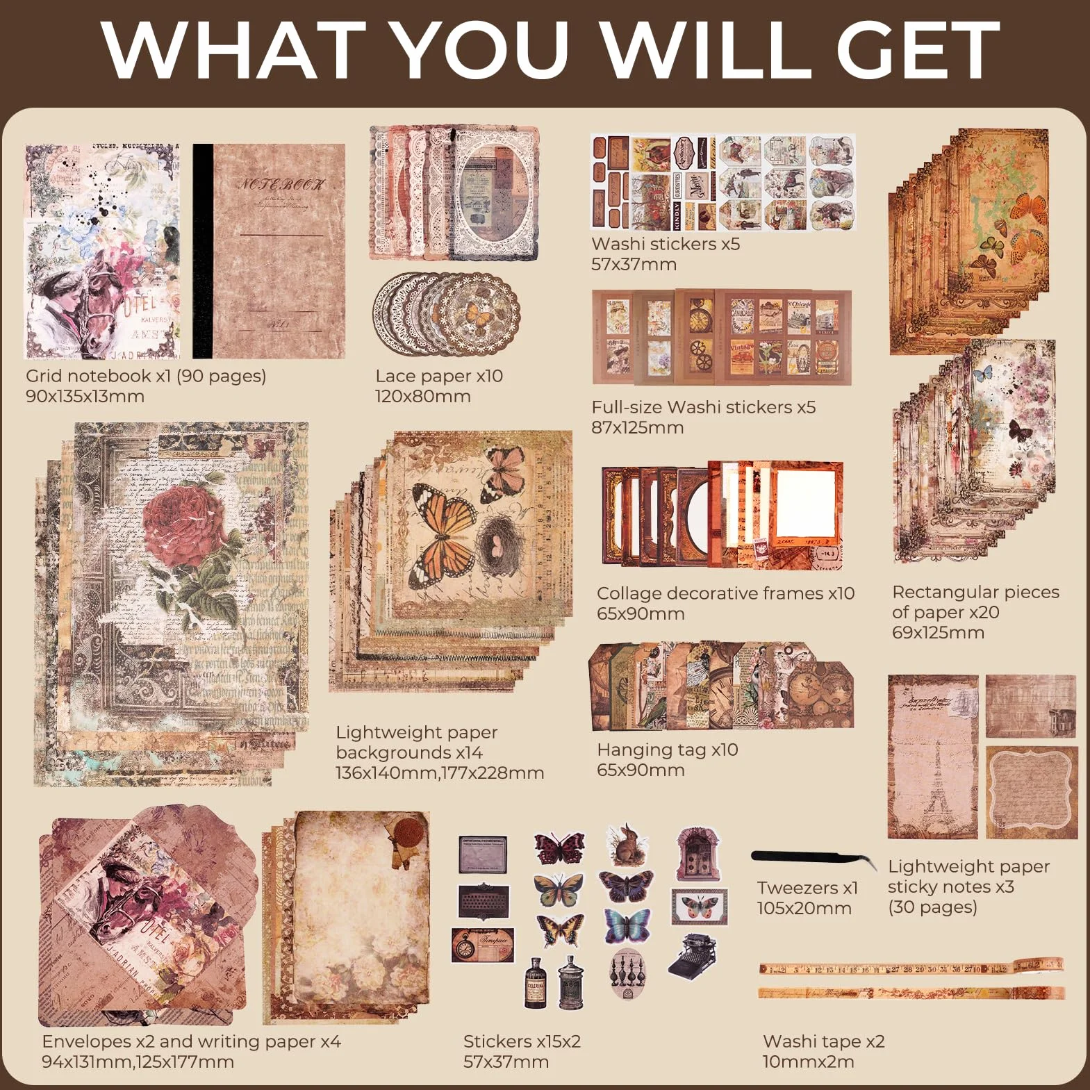Funto Kit di Scrapbooking (96 PCS), Collezione Vintage-Glicine e Farfalla, Perfetto per Materiali di Bullet Scrapbooking, Planner DIY Arte e Collage