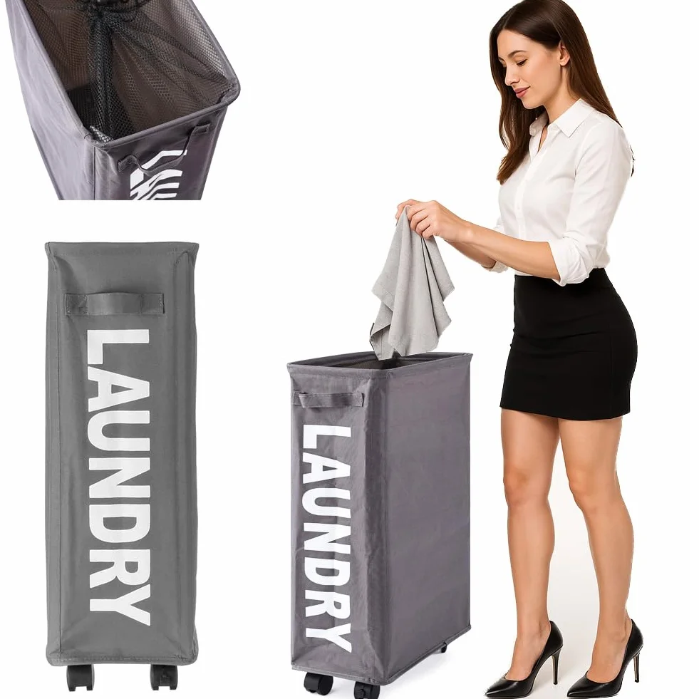 BAKAJI Cesto Porta Biancheria Sporca Portabiancheria Slim Salvaspazio Pieghevole in Tessuto Decorazione Scritta Contenitore con Chiusra a Rete Manico e 4 Ruote Dimensione 39 x 20 x 56 cm (Grigio)