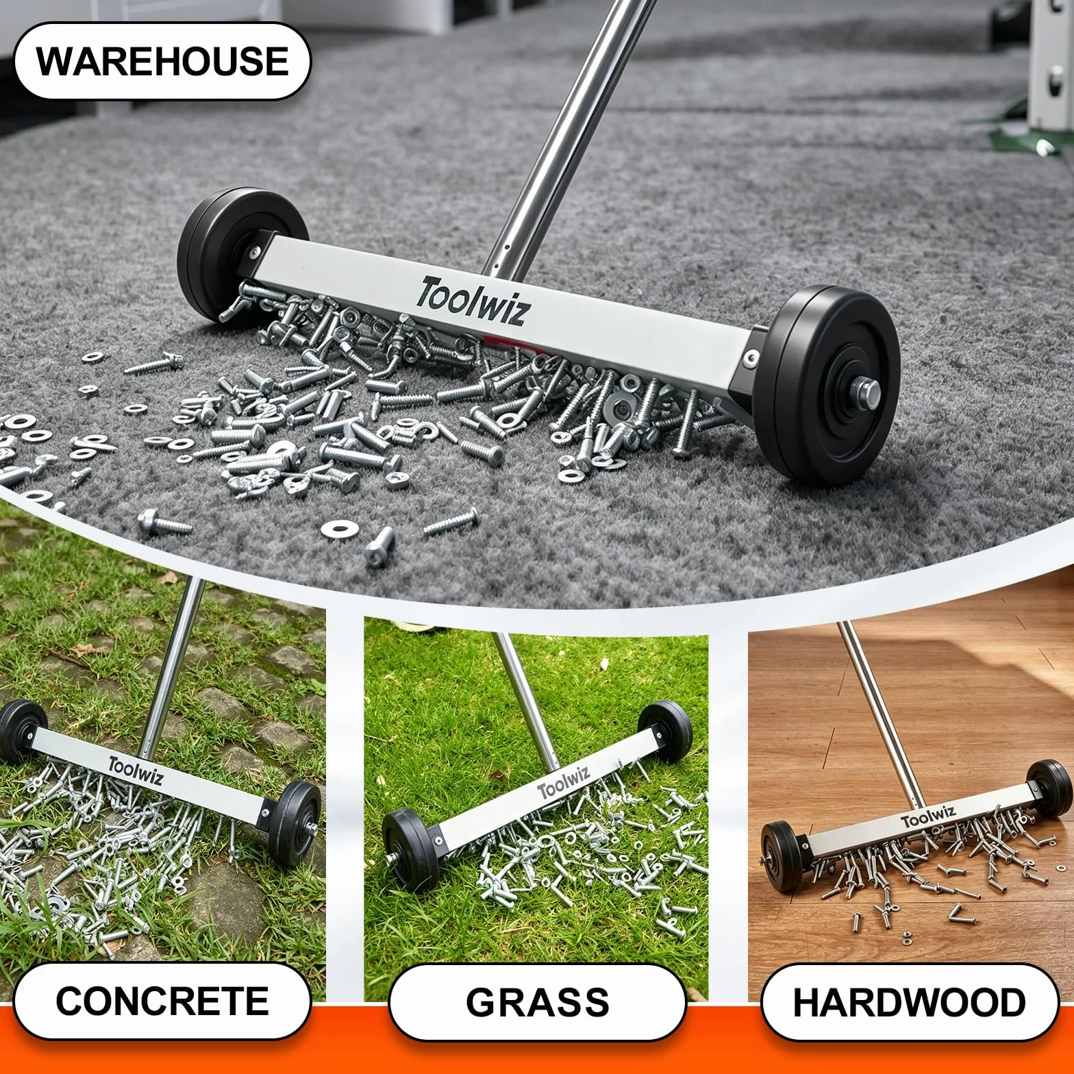 Toolwiz Spazzatrice Magnetica Compatta 38,1 cm - Attrezzo da Copertura per Giardino Strumento multifunzione 4,5 kg con manico telescopico e ruote per raccogliere chiodi