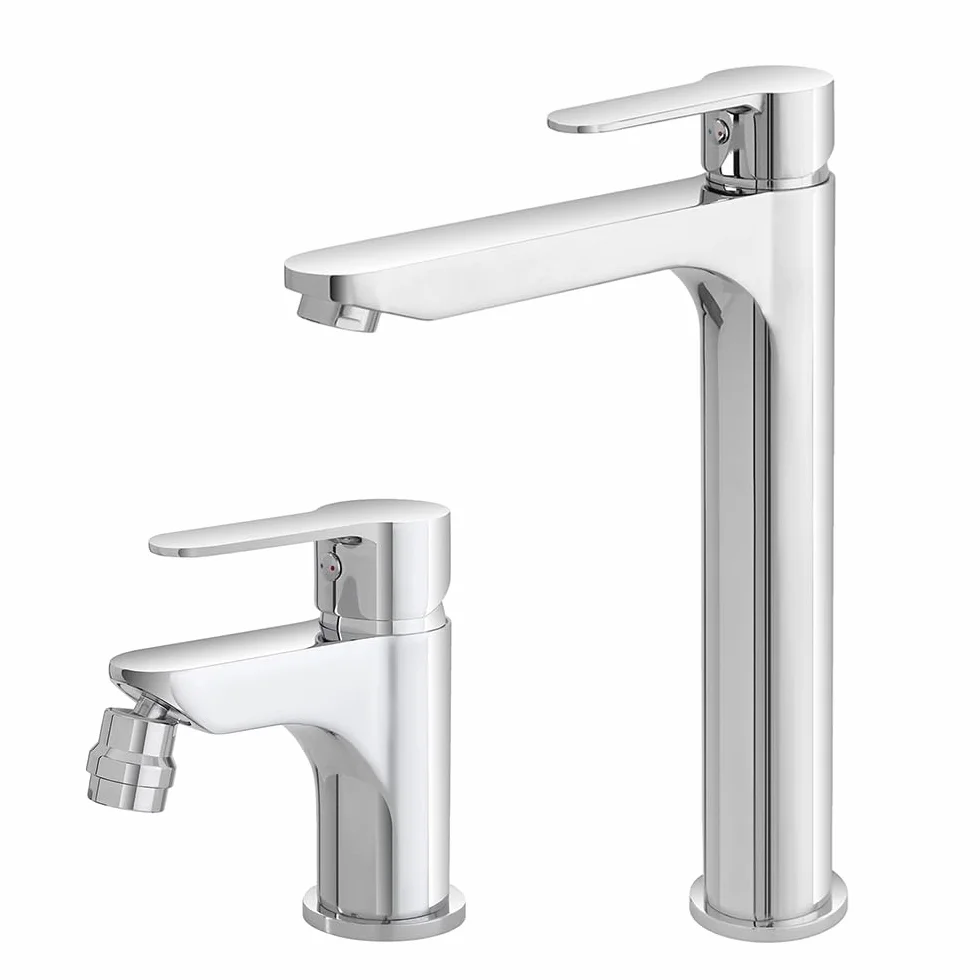 Set miscelatori lavabo alto e bidet con scarico click-clack incluso, in ottone cromato con leva monocomando, ZOE