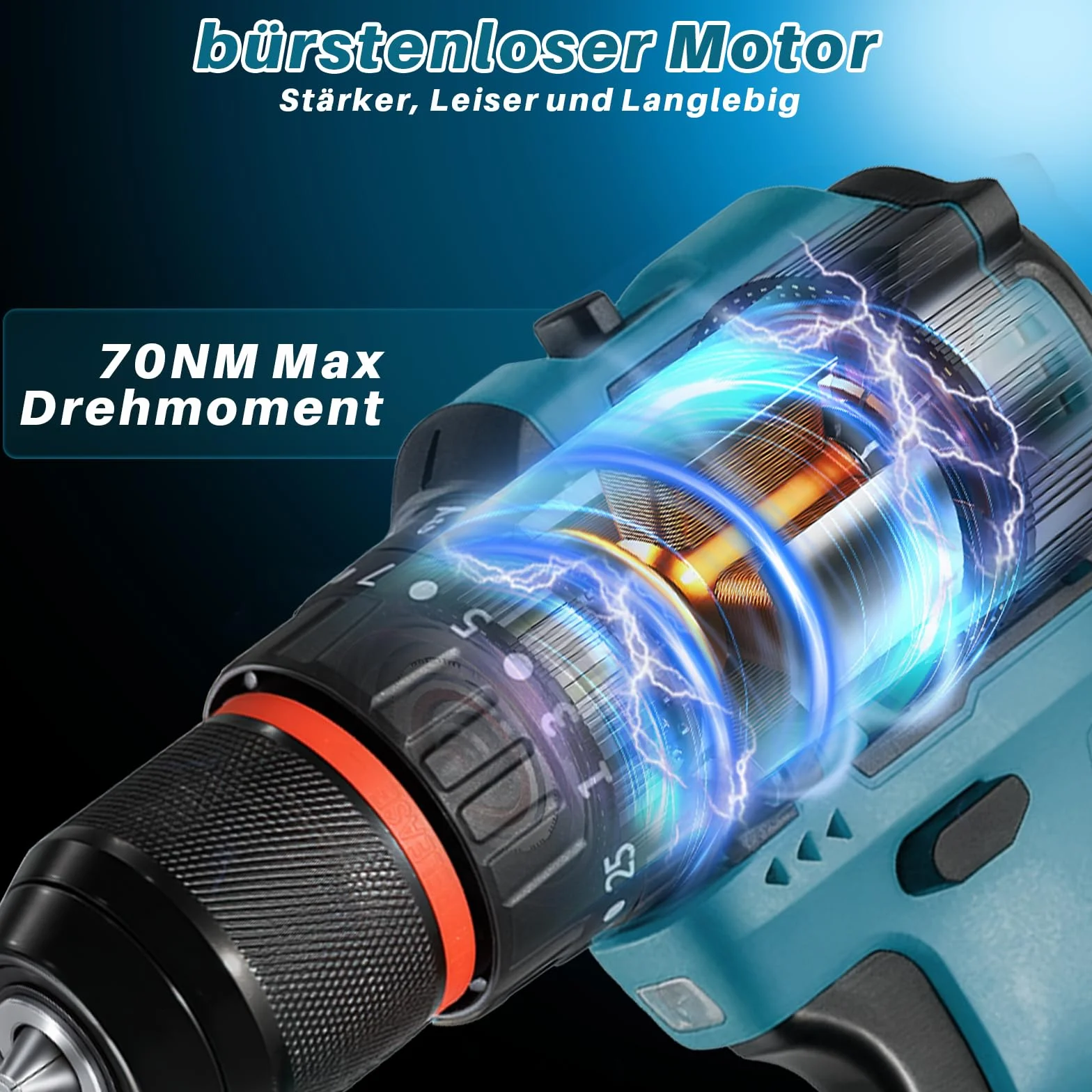 Trapano avvitatore a batteria brushless, trapano a percussione 21V, 70 Nm,con 2 2,0 Ah batterie, 25+3 impostazioni di coppia, 2 velocità, luce LED, avvitatore elettrico Ideale per forare e avvitare