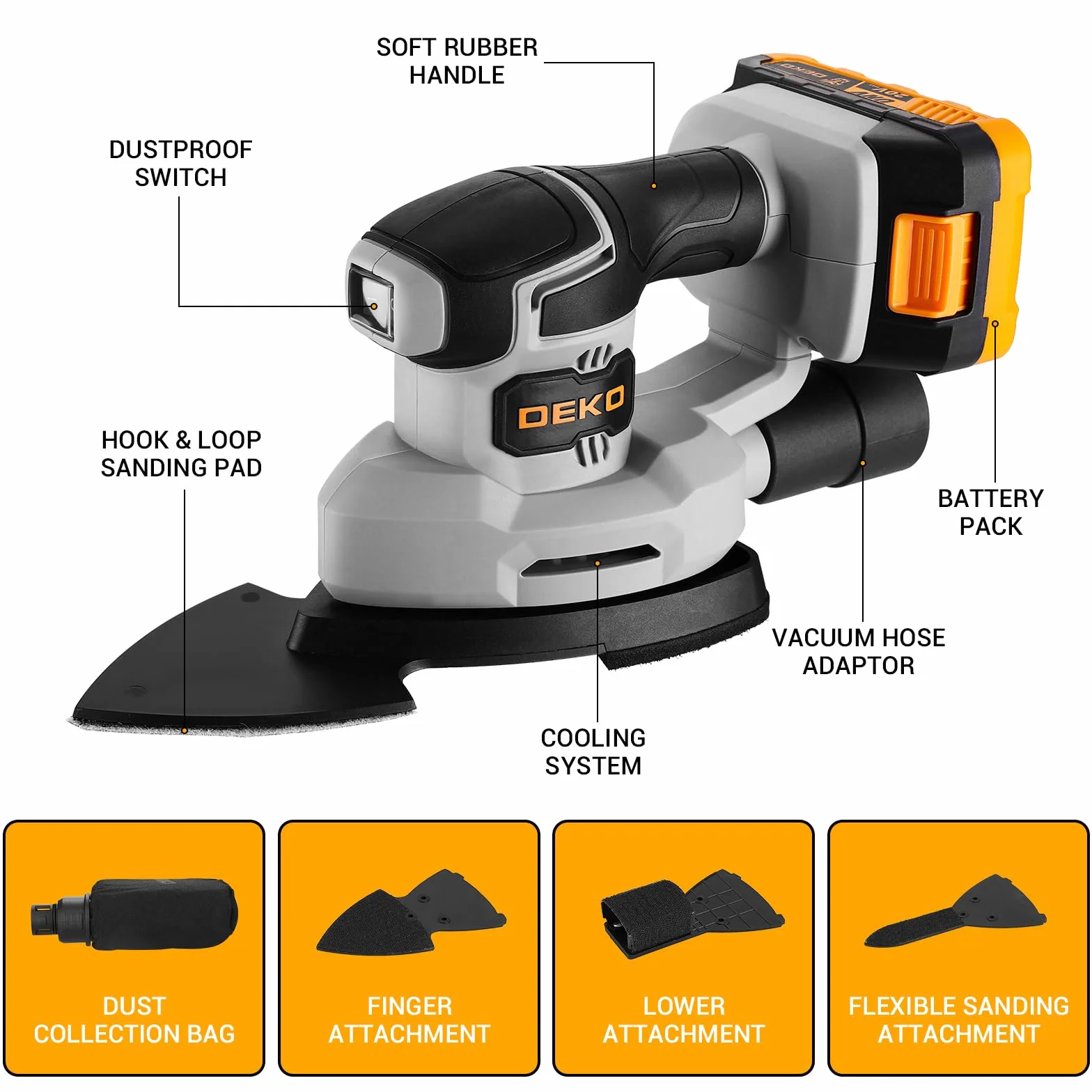 DEKOPRO Levigatrice Mouse 20V 13000 RPM con Batteria 3 Accessori 12 Carte Vetrata per Legno Falegnameria DIY