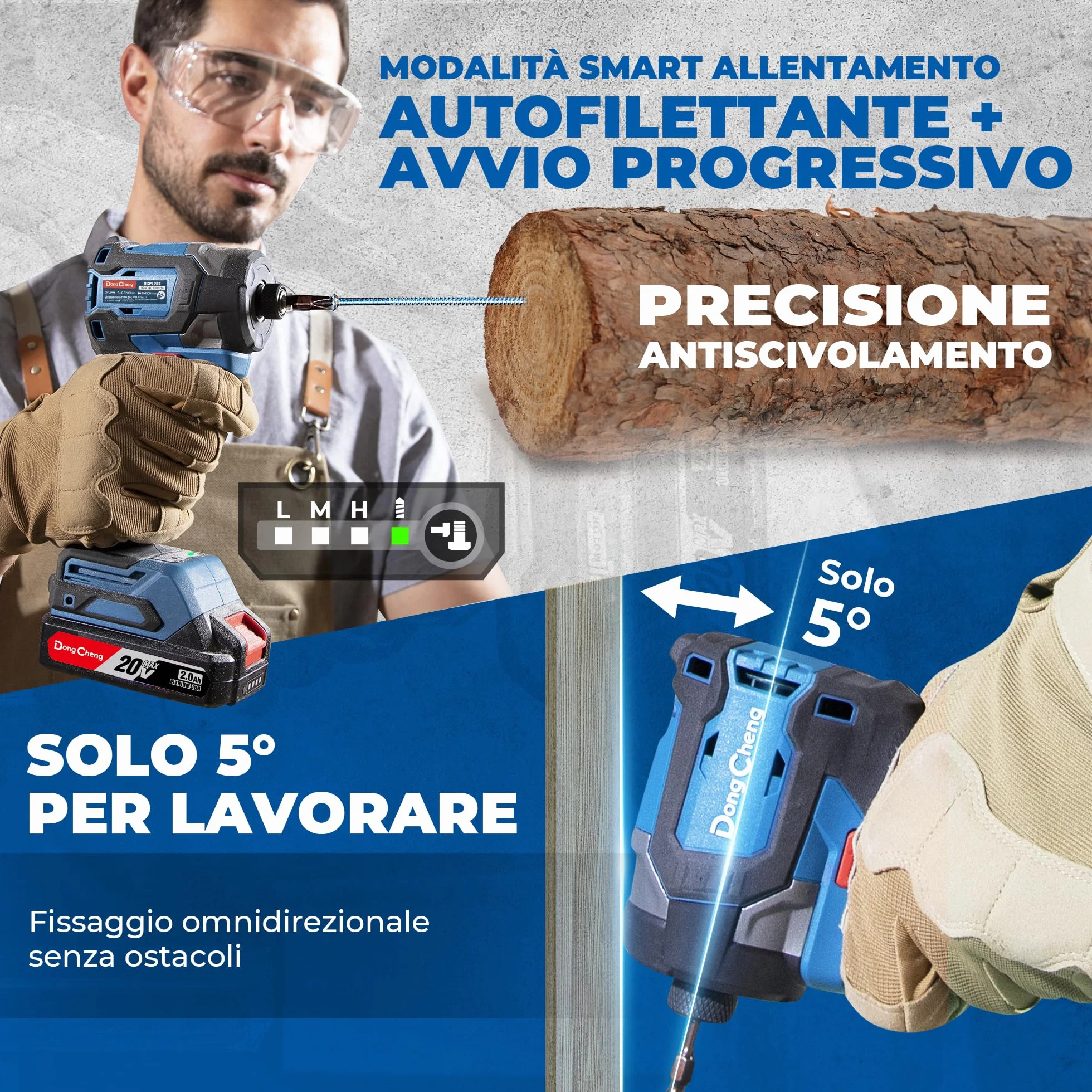 Avvitatore a impatto senza spazzole Dong Cheng 18V, Avvitatore a impatto a batteria 208Nm, Modalità autofilettante, 3200 giri/min, 4300 colpi/min, 3 velocità, con 2 * batterie 2,0 Ah