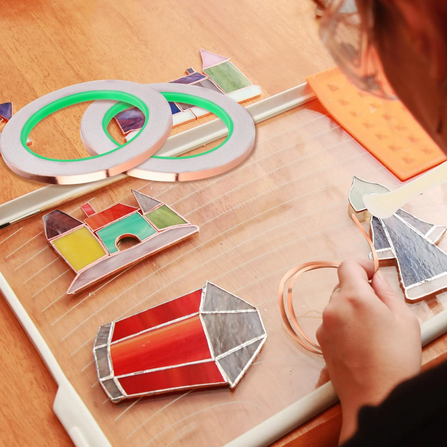 NQEUEPN 2pz Kit Nastri Lamina Rame per Vetrate Colorate, 5mmx20m Nastro Biadesivo Conduttivo con Raschietto Plastica Forniture per Schermatura EMI Riparazioni Elettriche Silenziatori per Chitarra
