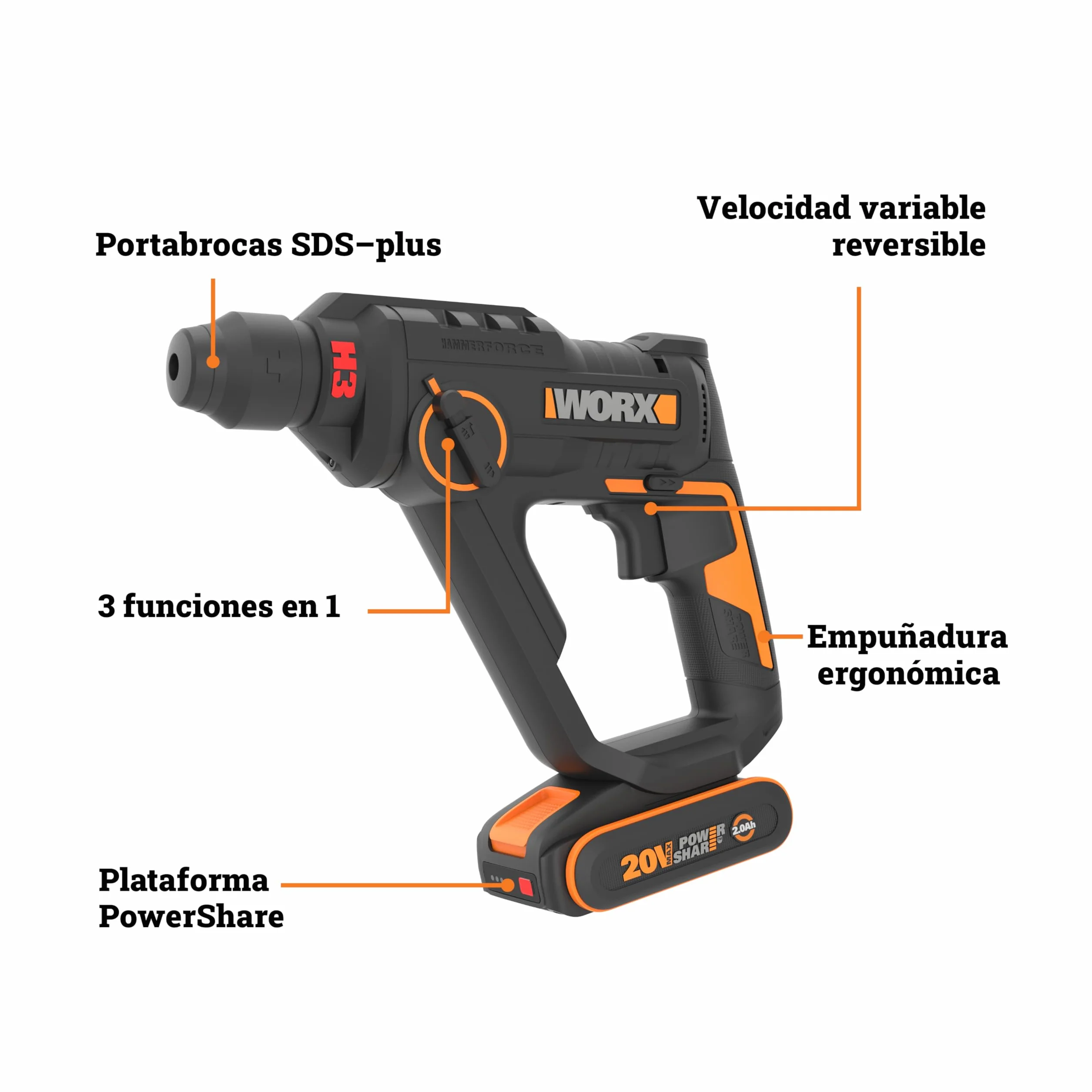 WORX Martello perforatore senza fili 20 V 1,2 J WX391, foratura rapida in calcestruzzo, 3 funzioni in 1, fornito con 10 punte per calcestruzzo, legno e metallo, batteria 2 Ah e caricatore rapido 2 A