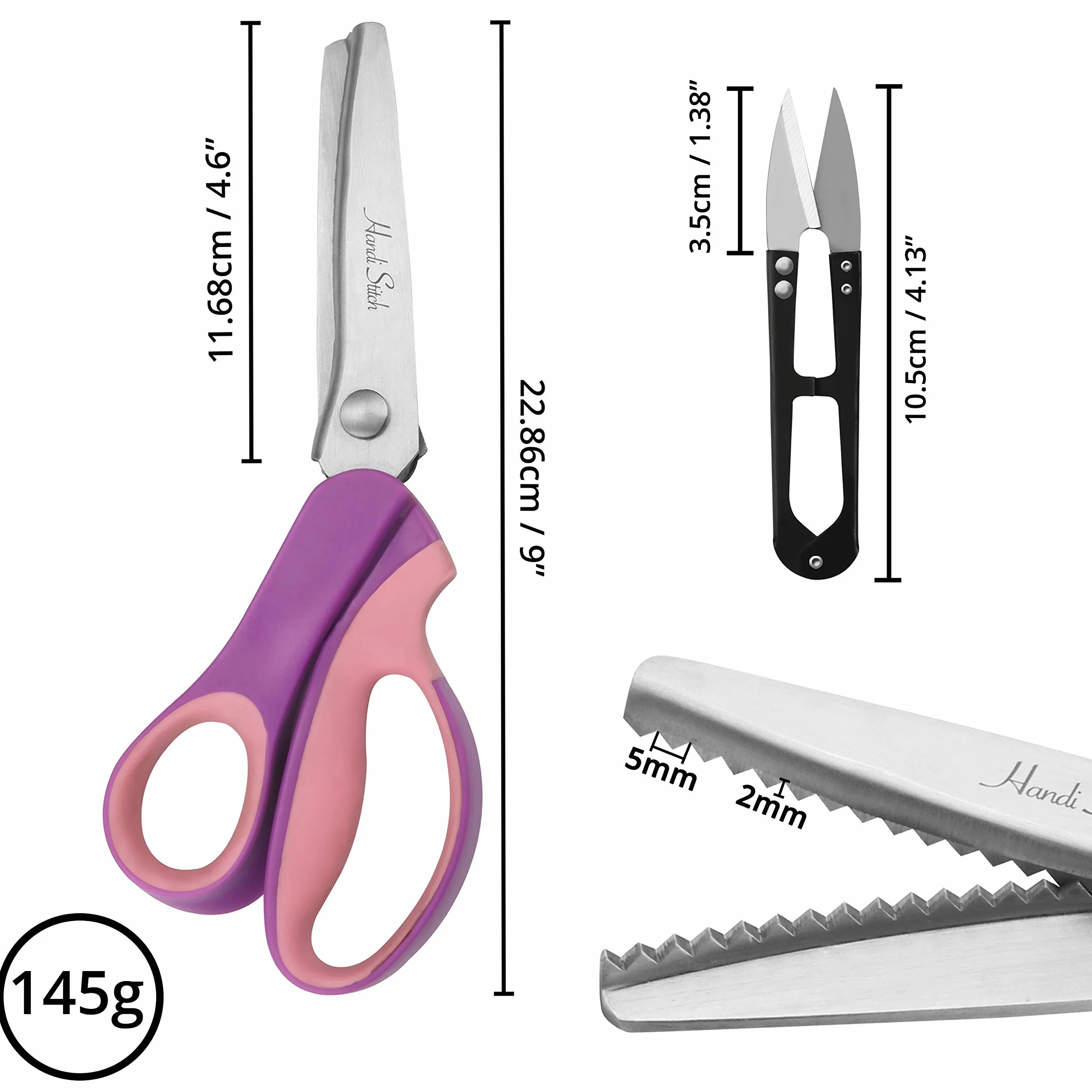 HANDI STICH Forbici Zig Zag per Stoffa - Forbici a Zig Zag per Tessuti da Sarta - Lunghezza 23 cm - 30 Denti da 5 mm da Cucito e Sartoria - Acciaio Inox - Rosa