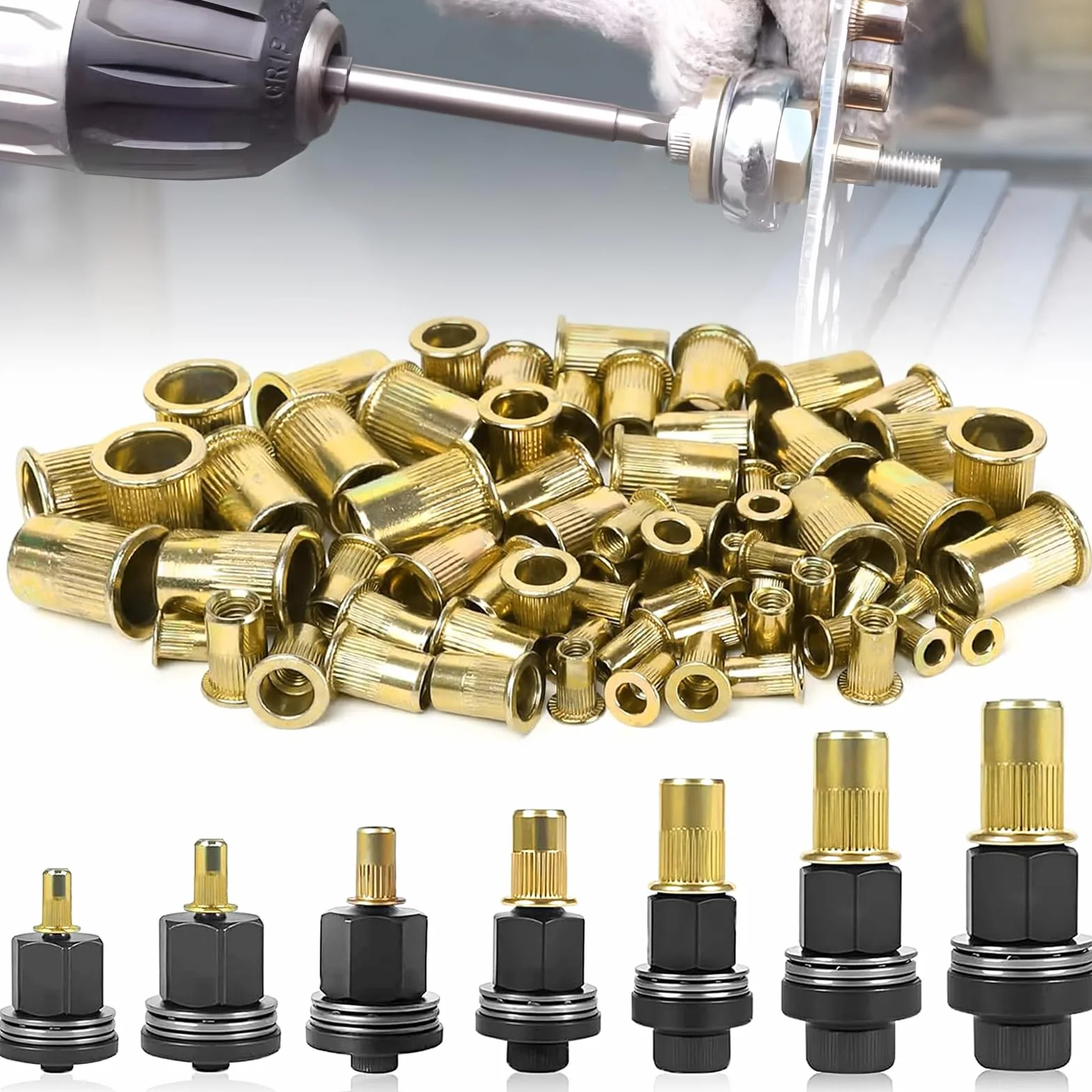Set di 7 pinze per rivetti con 70 dadi, pinze per rivetti filettati per M3 M4 M5 M6 M8 M10 M12, utensili per rivetti a mano, set per metallo, acciaio, lamiera e fissaggio per tubi