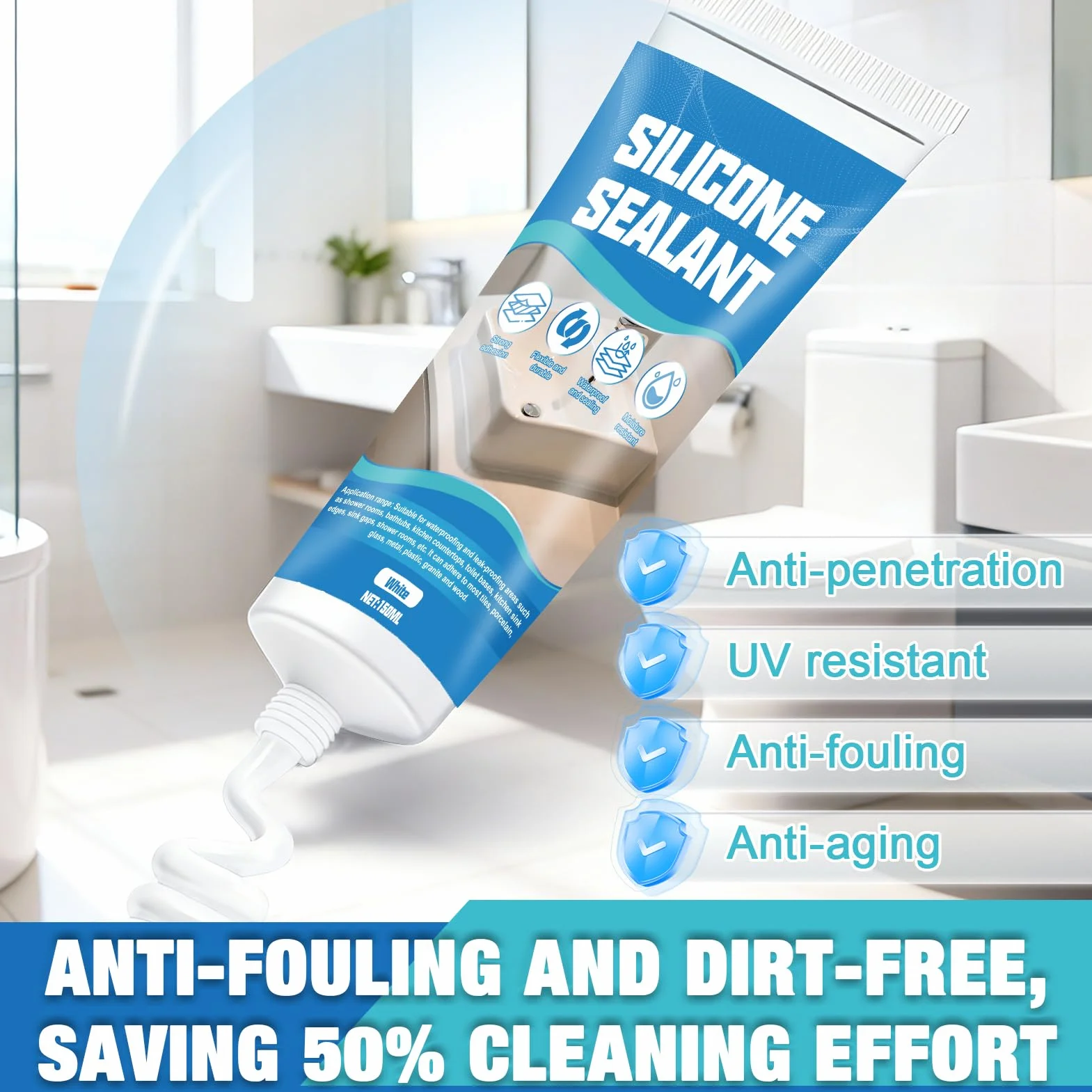 ALLONY Silicone Bianco, Silicone Doccia, Sigillante Bianco Bagni Cucine, Impermeabile, Flessibile e a Lunga Durata, Cucina e Bagno Vari Giunti di Piani di Lavoro, Fughe Piastrelle, 150ML