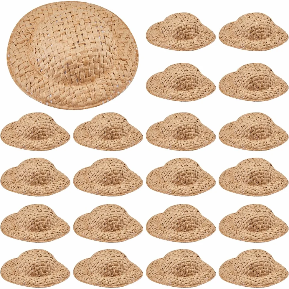 SUNNYCLU 40 pz Mini Cappello Intrecciato Miniatura Cappelli di Paglia Bulk Dark Goldenrod Maglia Casa Dellse Bambole Cowboy Sombrero Decorazione Bambola Piccoli Cappelli per Fai Da Te Artigianato Nata