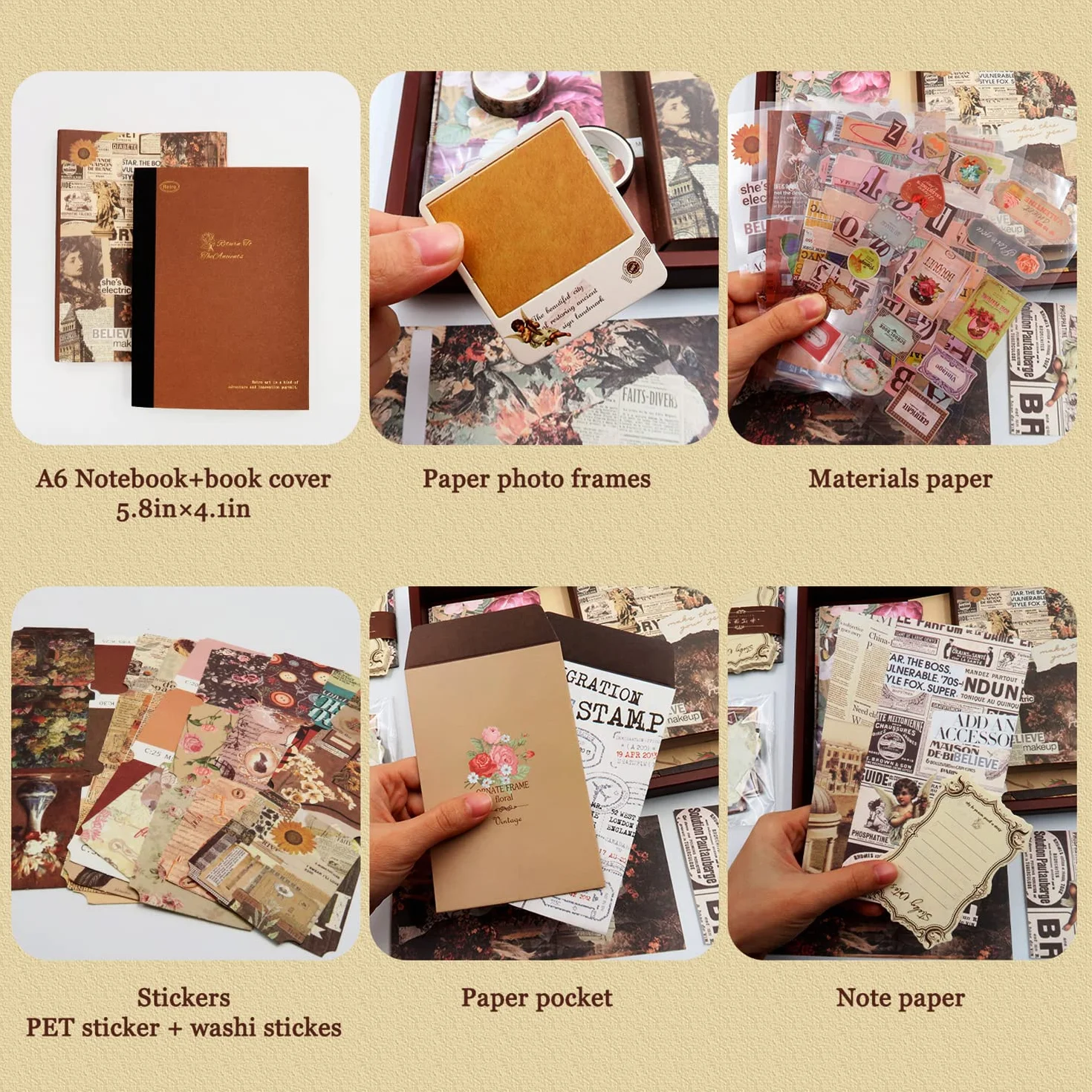 SUPRBIRD Scrapbooking Kit Set di accessori per scrapbook vintage 136 pezzi,Estetico Bullet Junk Journaling con A6 Griglia Notebook Album Da Viaggio, regalo fai da te per Ragazze E Donne (Cioccolato)