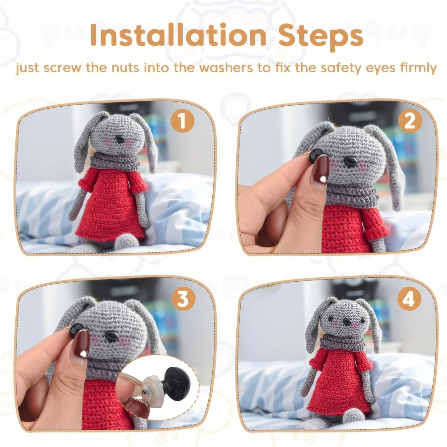 100 pezzi occhi di sicurezza, occhi a pressione in plastica con rondelle, per animali all'uncinetto, bambole, peluche, orsacchiotti, occhi per amigurumi e pupazzi, occhietti per lavori