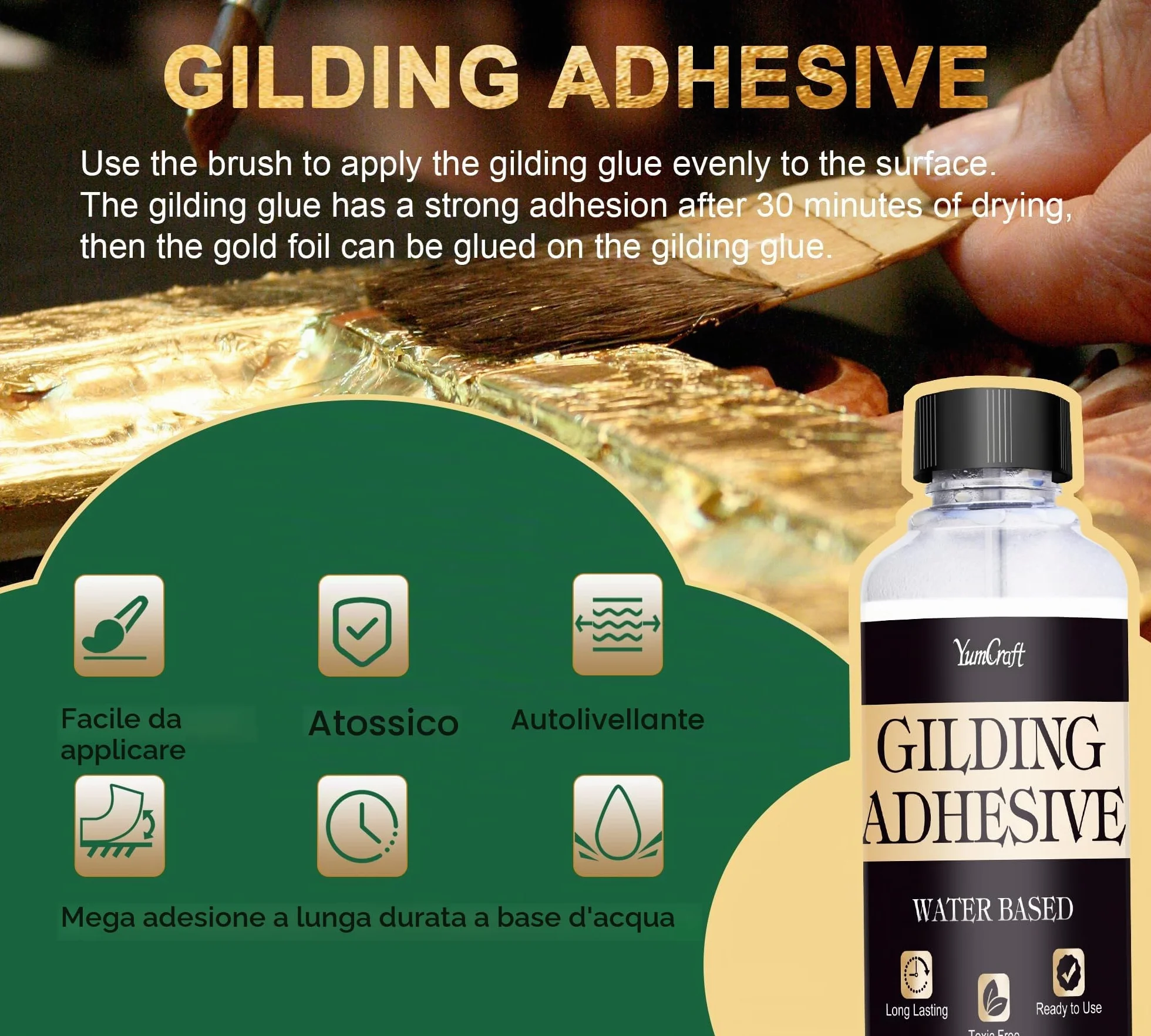 Foglia Gold Set, Colla 100ml e Vernice Protettiva a Base D'Acqua da 100 ml, Fogli di Foglie D'Oro 100 Pezzi, 1 Pennelli, Utilizzato per Mestieri, Dipinti, Arte, Mobili e Decorazioni
