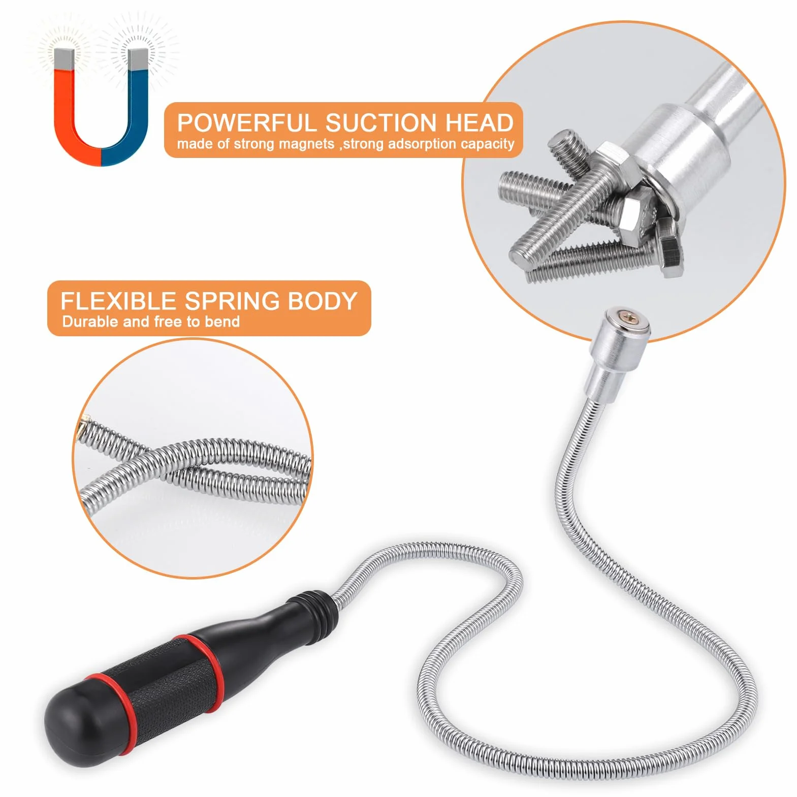 Rinforzati 60CM Calamita Telescopica Sollevatore, Calamita Flessibile con Maniglia Antiscivolo, Pinza Telescopica, Strumento Magnetico Portatile Pick Up, Forte Magnetico, Utensili Meccanici per Uomini