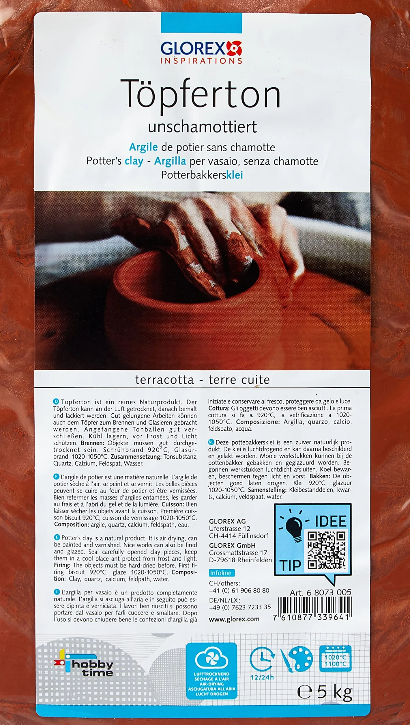 GLOREX 6 8073 005 - Argilla da vasaio, Non refrattaria, 5 kg in Terracotta, Liscia e Facile da Lavorare, Senza Contenuto di Argilla refrattaria, indurente all'Aria e refrattaria, Adatta al tornio
