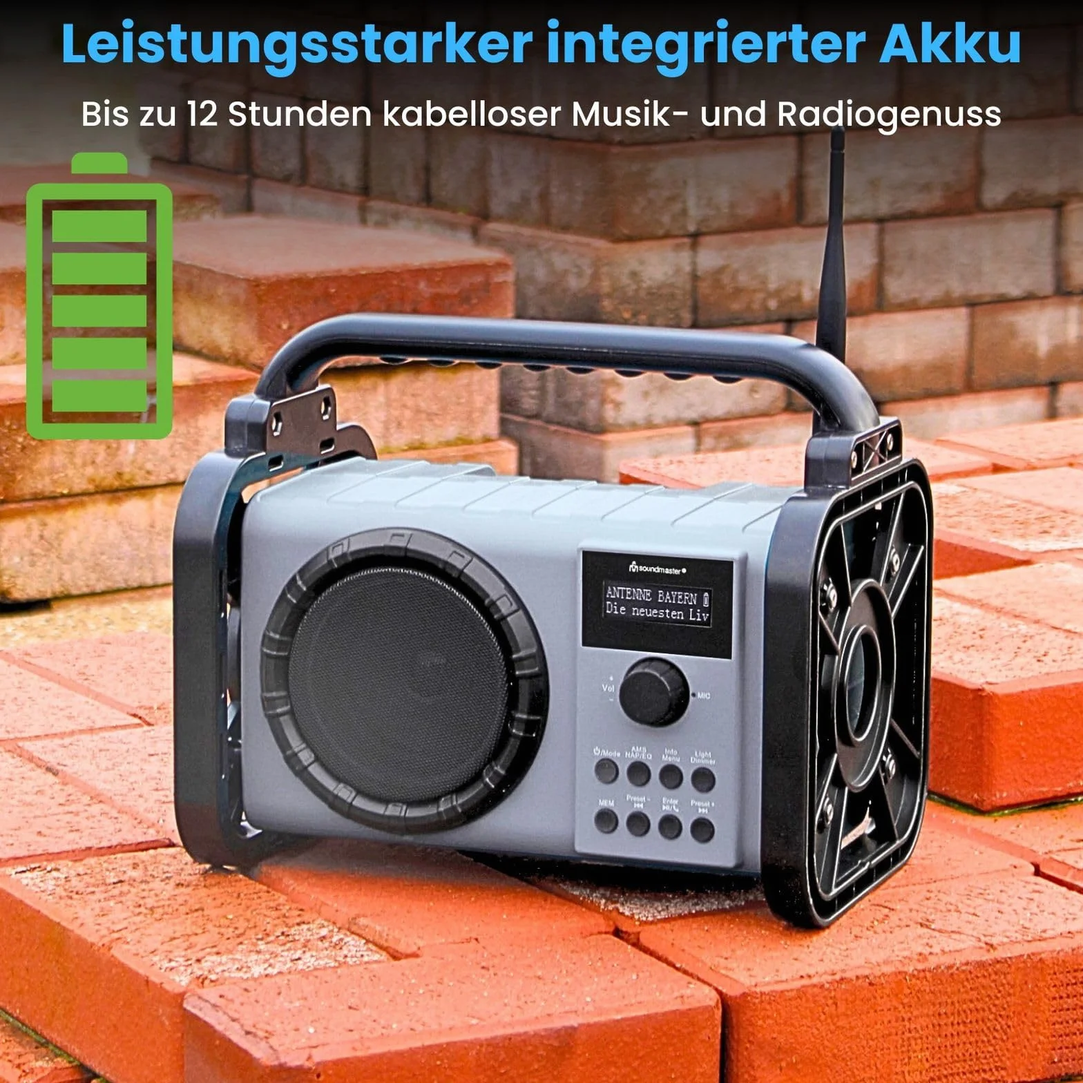 Soundmaster Radio DAB80SW da cantiere con DAB+ FM Bluetooth e batteria agli ioni di litio IP44, resistente alla polvere e agli spruzzi d'acqua, Nero