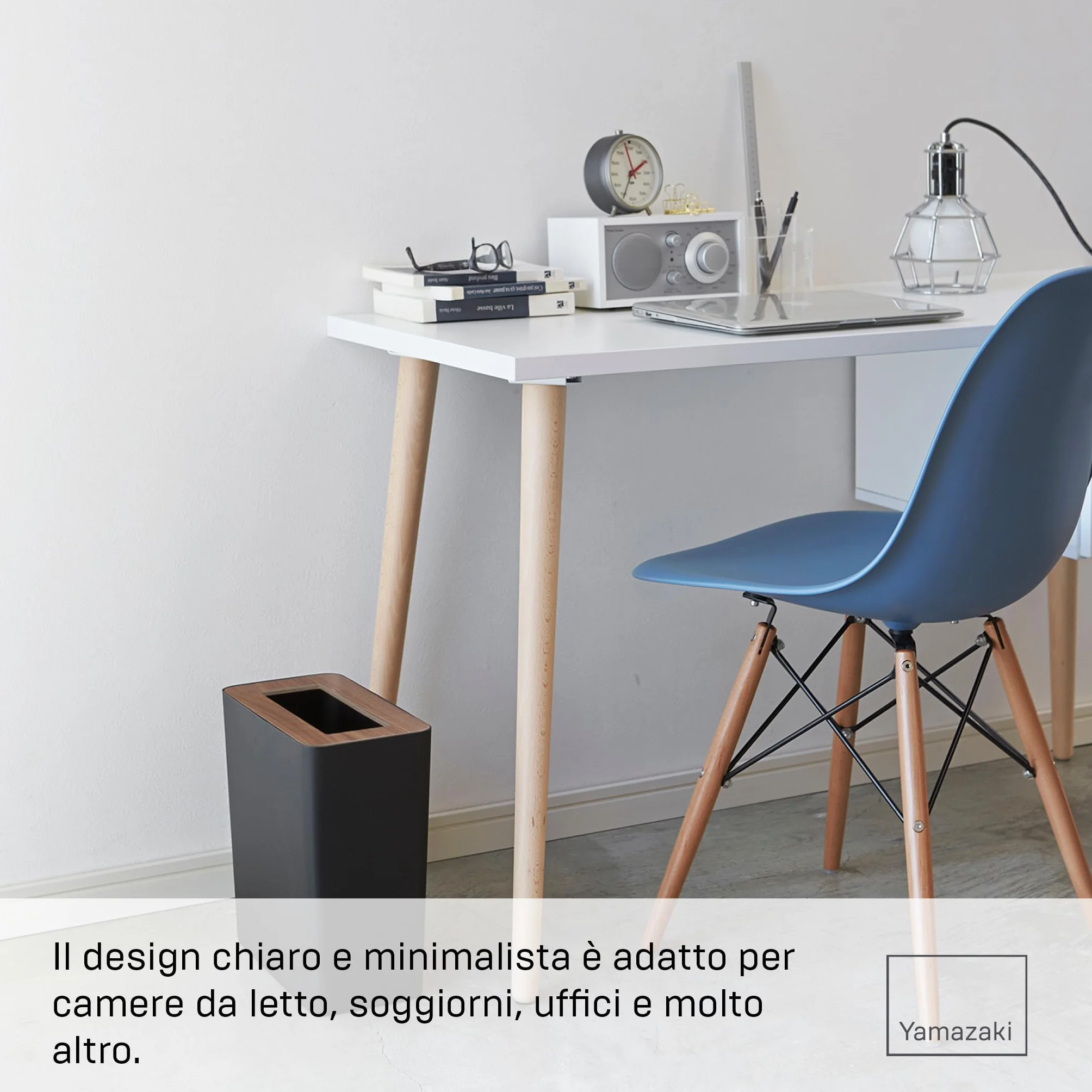 YAMAZAKI 3195 RIN Pattumiera rettangolare, nero, acciaio/legno, design minimalista, 28 x 15 x 30 cm (LxPxA)