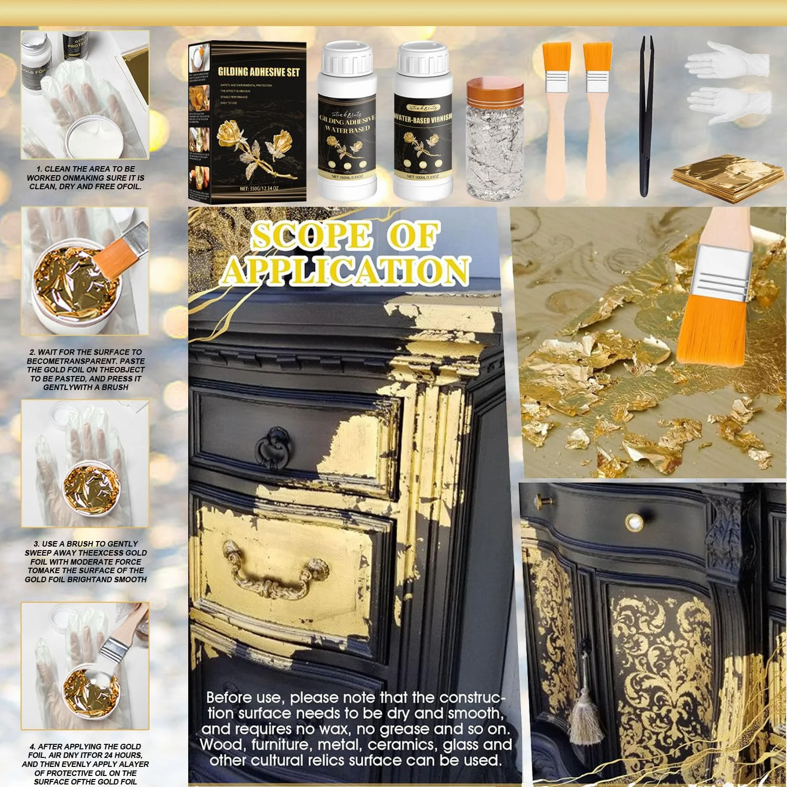Adesivo per Foglia d'oro, Colla per Foglia d'oro,100 ml di Colla per lamiere a Base d'Acqua e 100 ml di Vernice, Foglia 100 Pezzi, per Lavori Manuali Pittura, Decorazione da Parete Gold Leaf