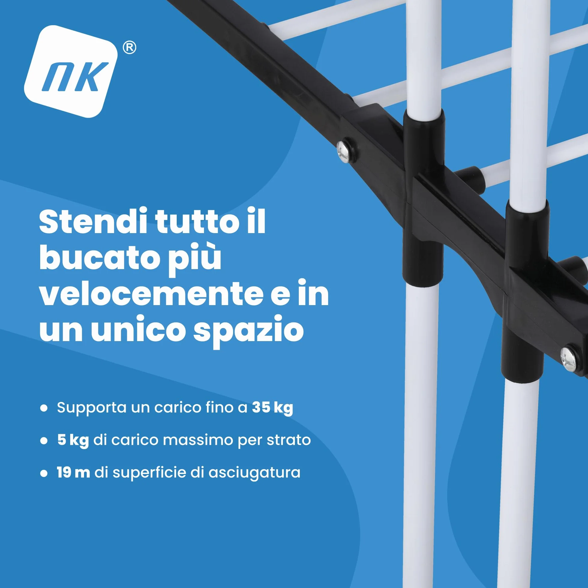 NK Stendino Verticale Salvaspazioa 4 Livelli - 6 Ripiani Retrattili + 2 Ali Laterali con Supporto per Grucce + Scarpiera, Ruote a 360°, Colore Nero e Bianco (19m di Biancheria)