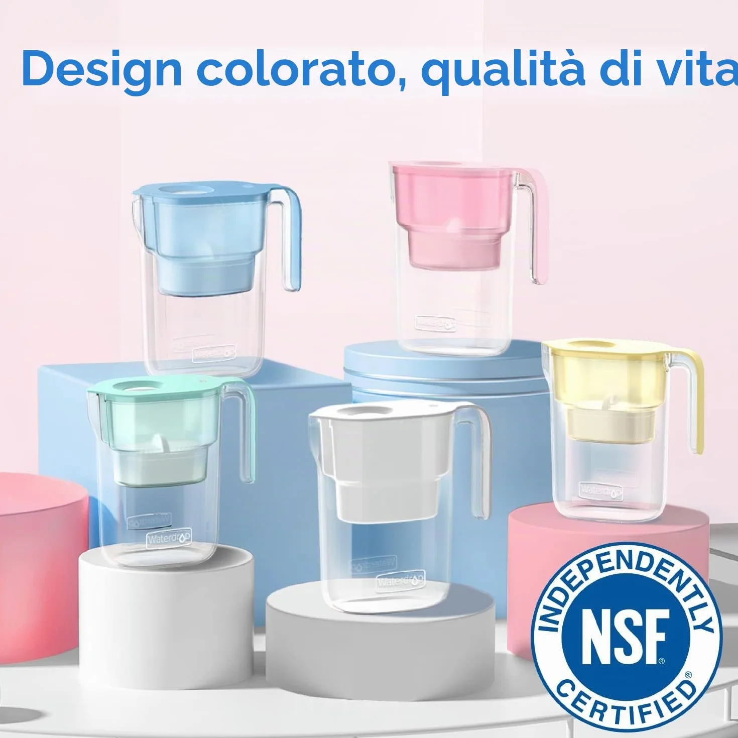 Waterdrop Elfin 2.5L Caraffa Filtrante per Frigorifero NSF Certificato, Riduce Piombo Fluoro Cloro, Senza BPA, Rosa