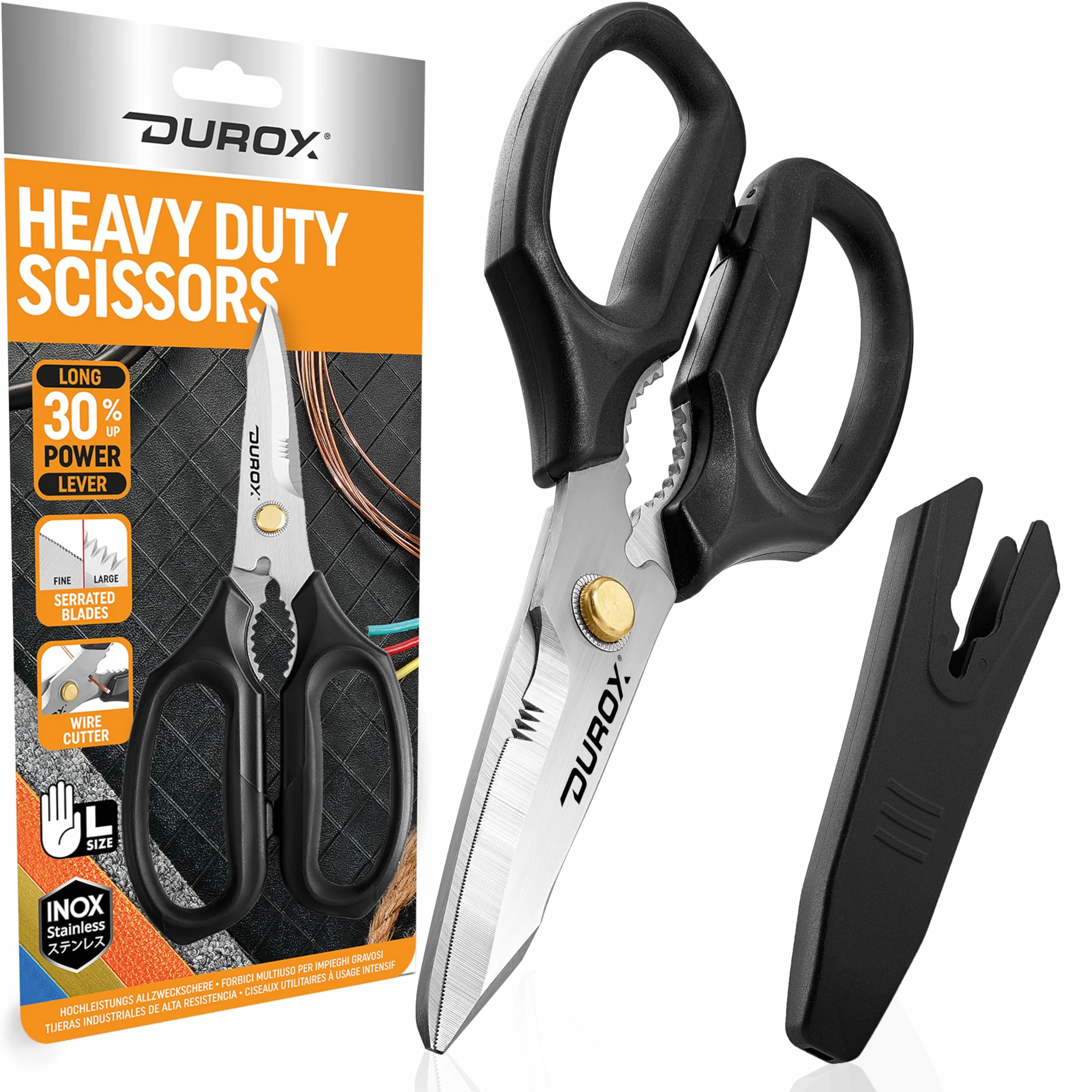 DUROX - Forbici Resistenti, Cesoie per Tappeti, Pelle e Cartone, Forbici Multiuso per Uso Professionale e Domestico, Lame in Acciaio Inox con Cappuccio Protettivo