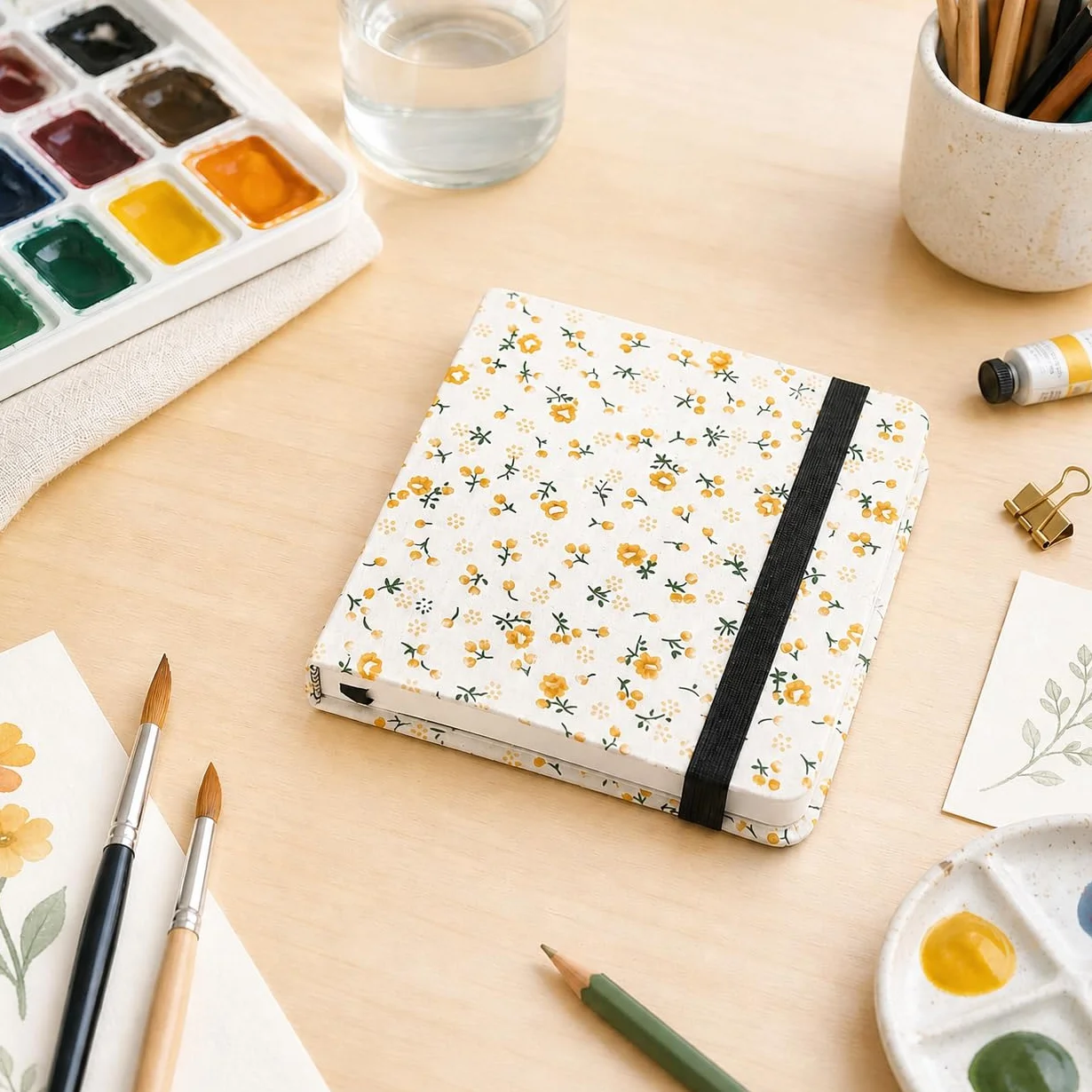 Sketchbook da viaggio 12 × 12 cm – Quaderno artistico 300 gsm Hot Press con copertina in cotone 100% - Blocco da disegno per acquerello, inchiostro, matita, olio e acrilico portatile (fiori)