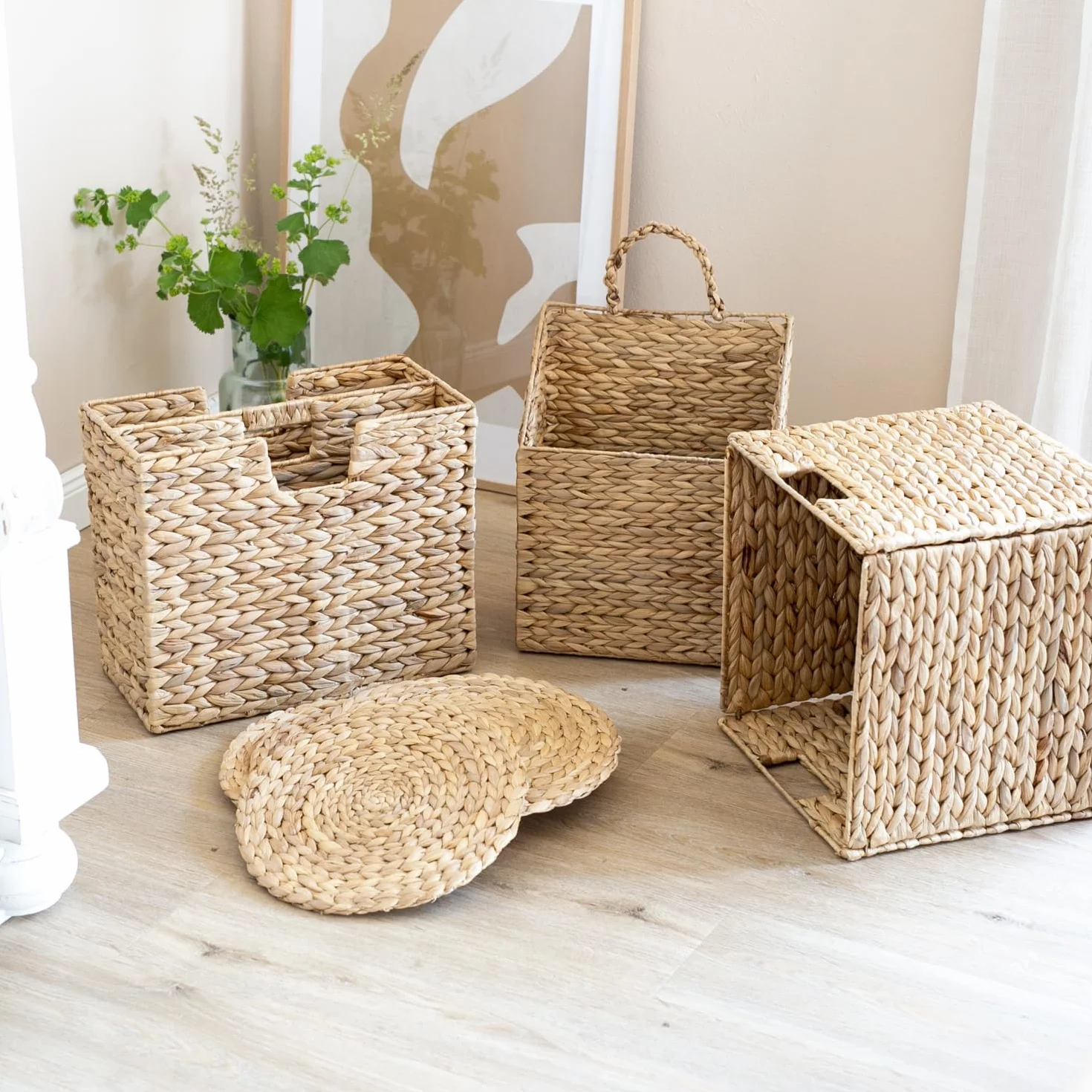 HMF Cestino sospeso intrecciato in giacinto d'acqua, cestino per giornali da appendere, 30 x 17,5 x 38 cm