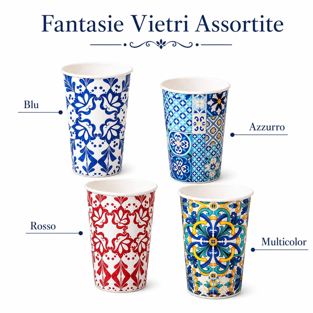 Bicchieri in Carta per Acqua 210ml Biodegradabili Bianco Azzurro Rosso Rosa 100 pz