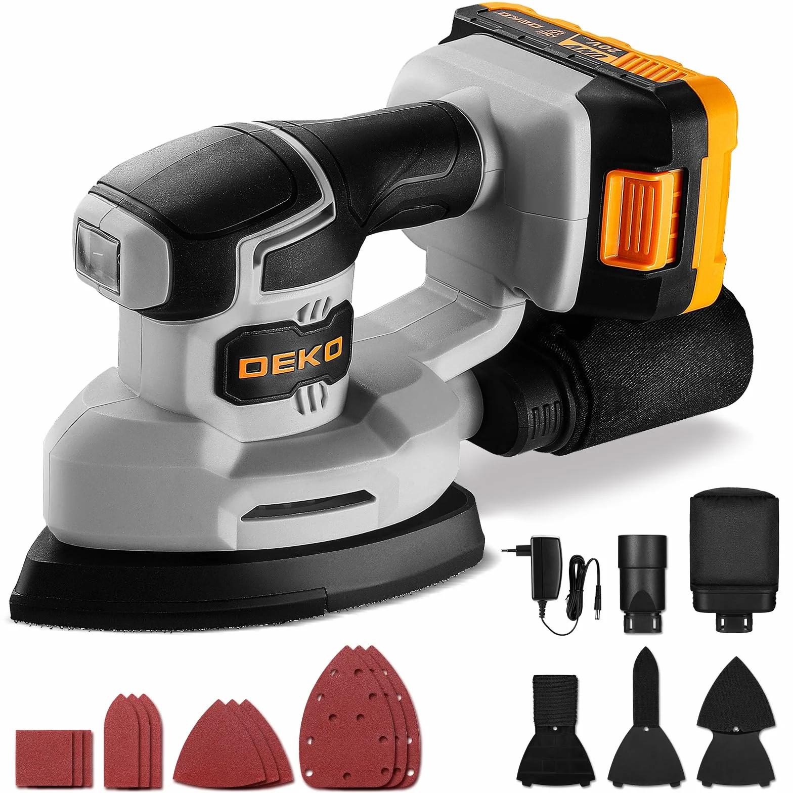 Levigatrice Mouse per Legno: DEKOPRO 20V Multifunzione Levigatrice Palmare con Batteria 13000 RPM, 3 Accessori Aggiuntivi 12PCS Carte Vetrata - per Levigare Lucidare e Rimuovere in Falegnameria e DIY