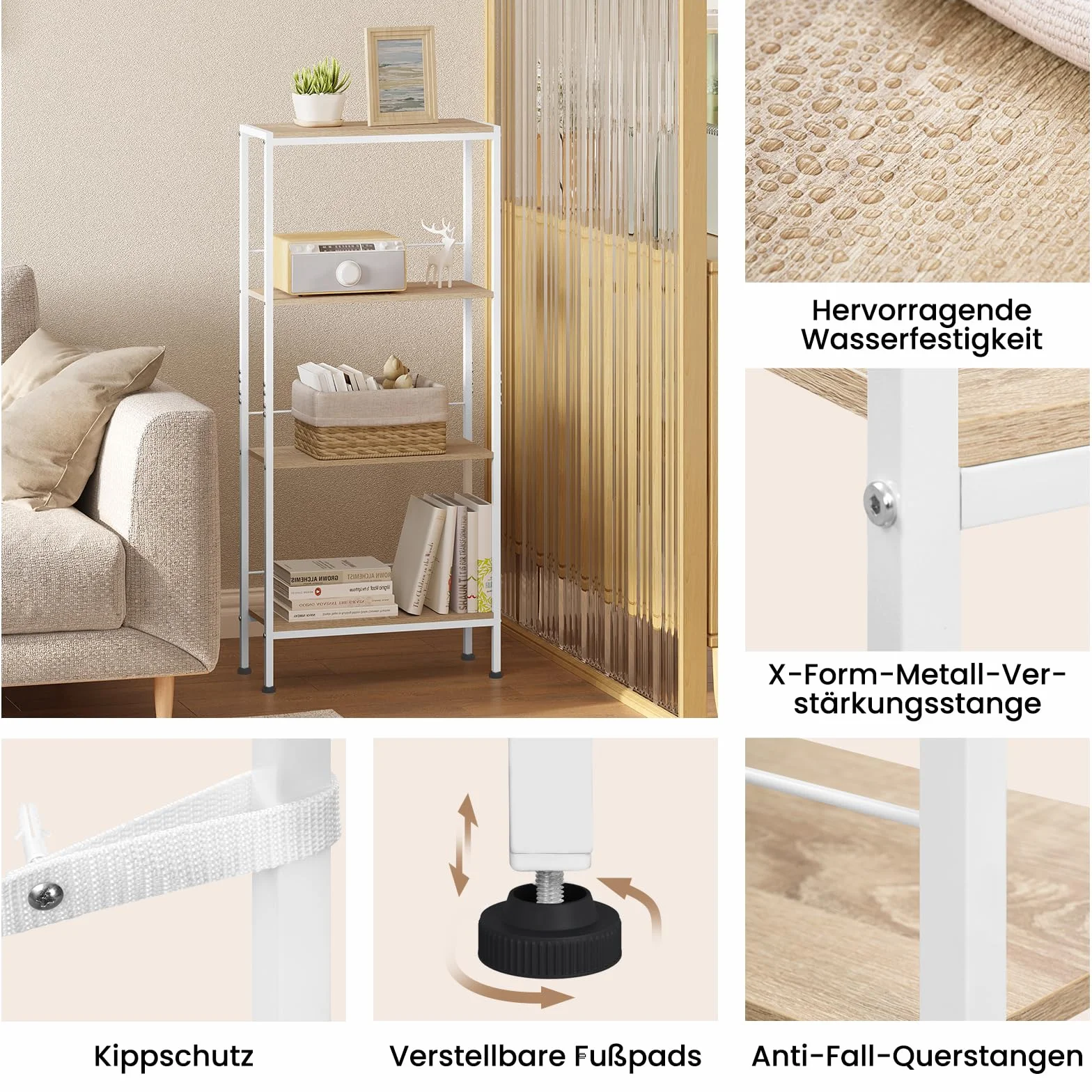 WOLTU Scaffale Salvaspazio da Cucina a 4 Ripiani, Scaffale Angolare per Bagno, Soggiorno, Camera da Letto, Stile Nordico, in Legno e Metallo, Rovere Chiaro+Bianco, 50x20x110cm, RGB53whe