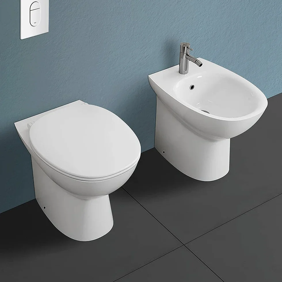 Inbagno Coppia Sanitari Filo Muro Rimless, Completa di Copriwc Tradizionale Slim, in Ceramica Bianca Serie Morning