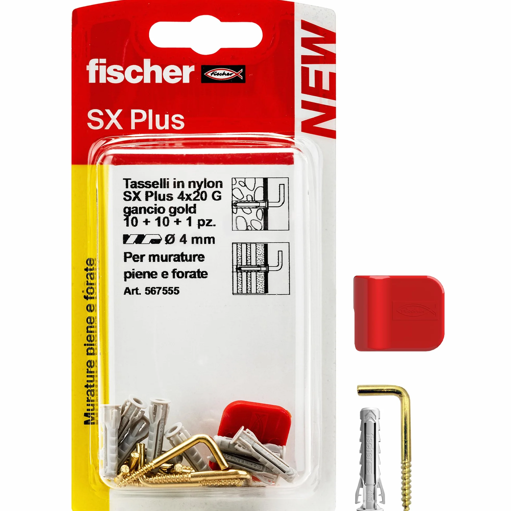 Fischer 10 Ganci Appendi Quadri Ottonati con Tassellini 4mm e Clip di Fissaggio, Installazione Pulita su Muro per Cornici Pesanti, 567555