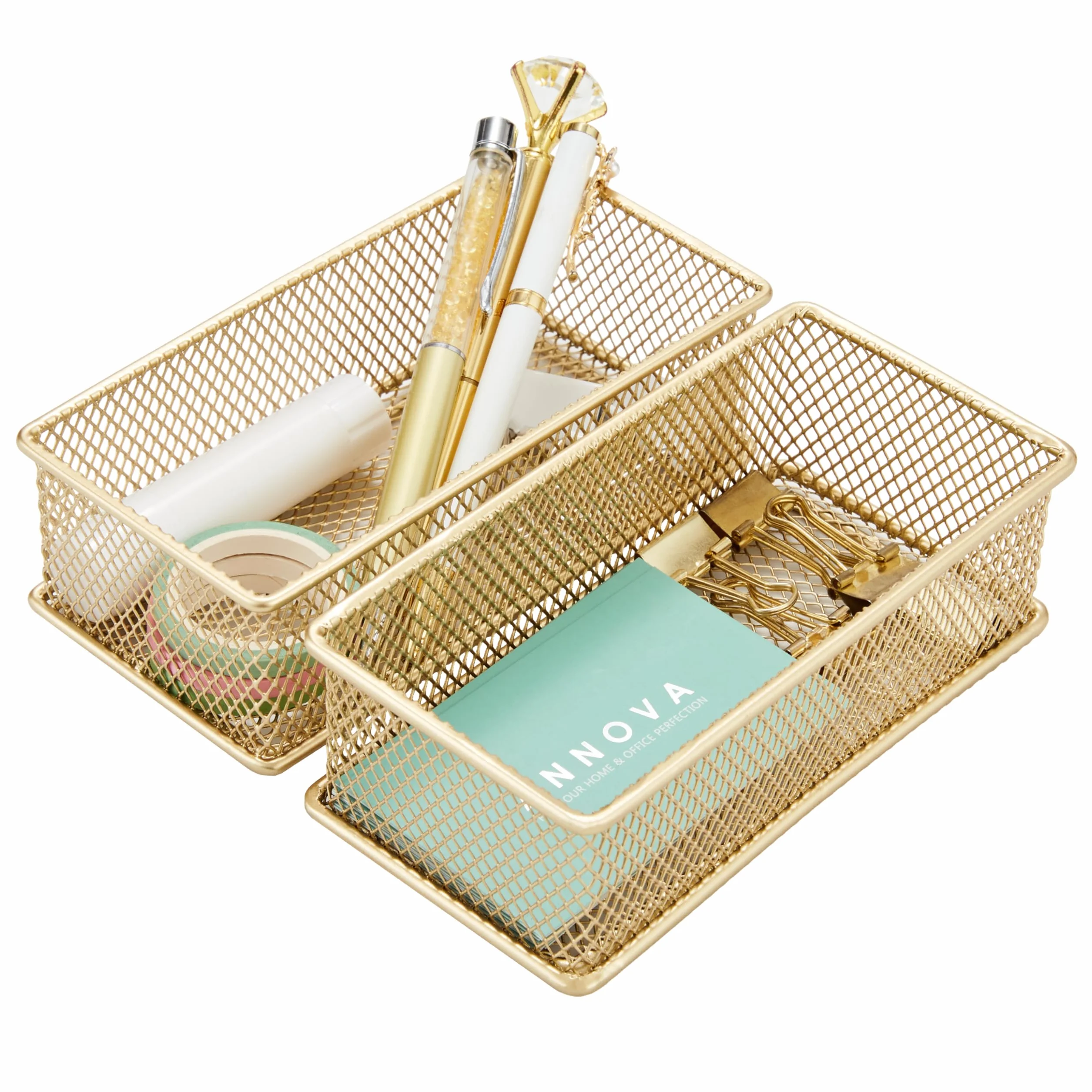 Annova Set 2 Cestini Portaoggetti Rete Cassetti Mensole Oro 15x7.5x5cm