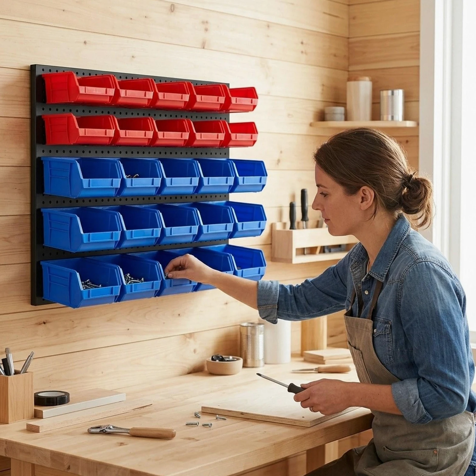 30 Scatole Portaoggetti con Pannello Forato, Scaffale per Componenti Facilmente Accessibile, Organizer per Utensili, Forniture per Ufficio, Garage, Rosso Blu