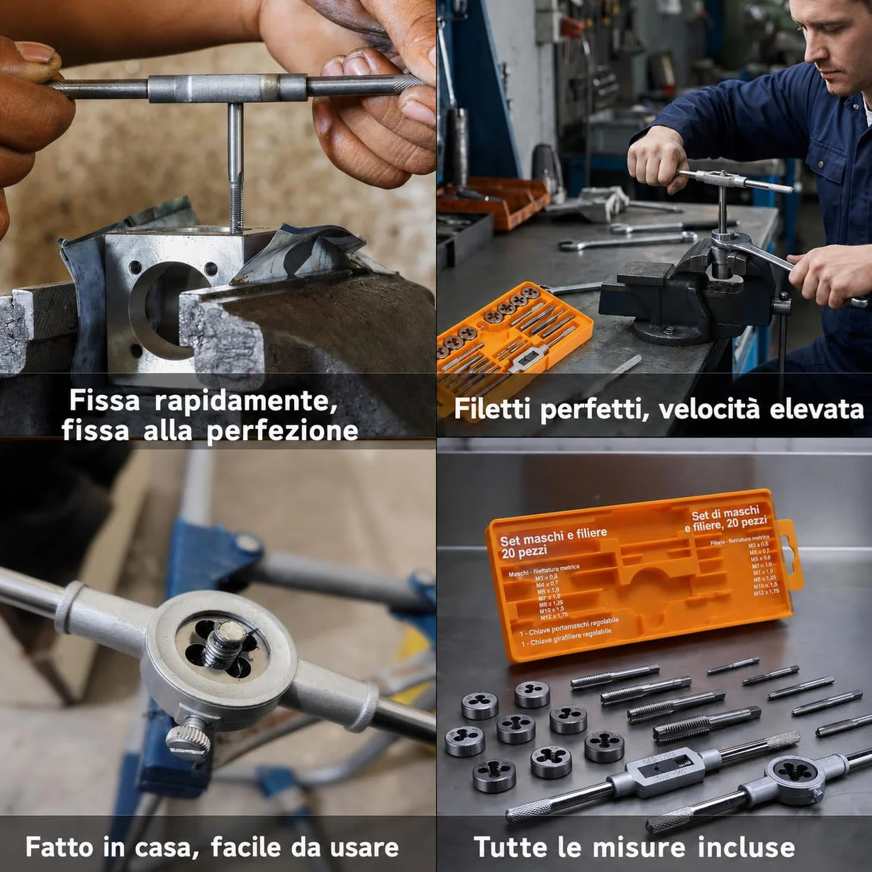 Hi-Spec Set Maschi e Filiere Metriche 20 Pezzi. Completo da M3 a M12 con Filetti Fini e Grossi per Taglio e Ripristino, con Giramaschi in Valigetta Compatta