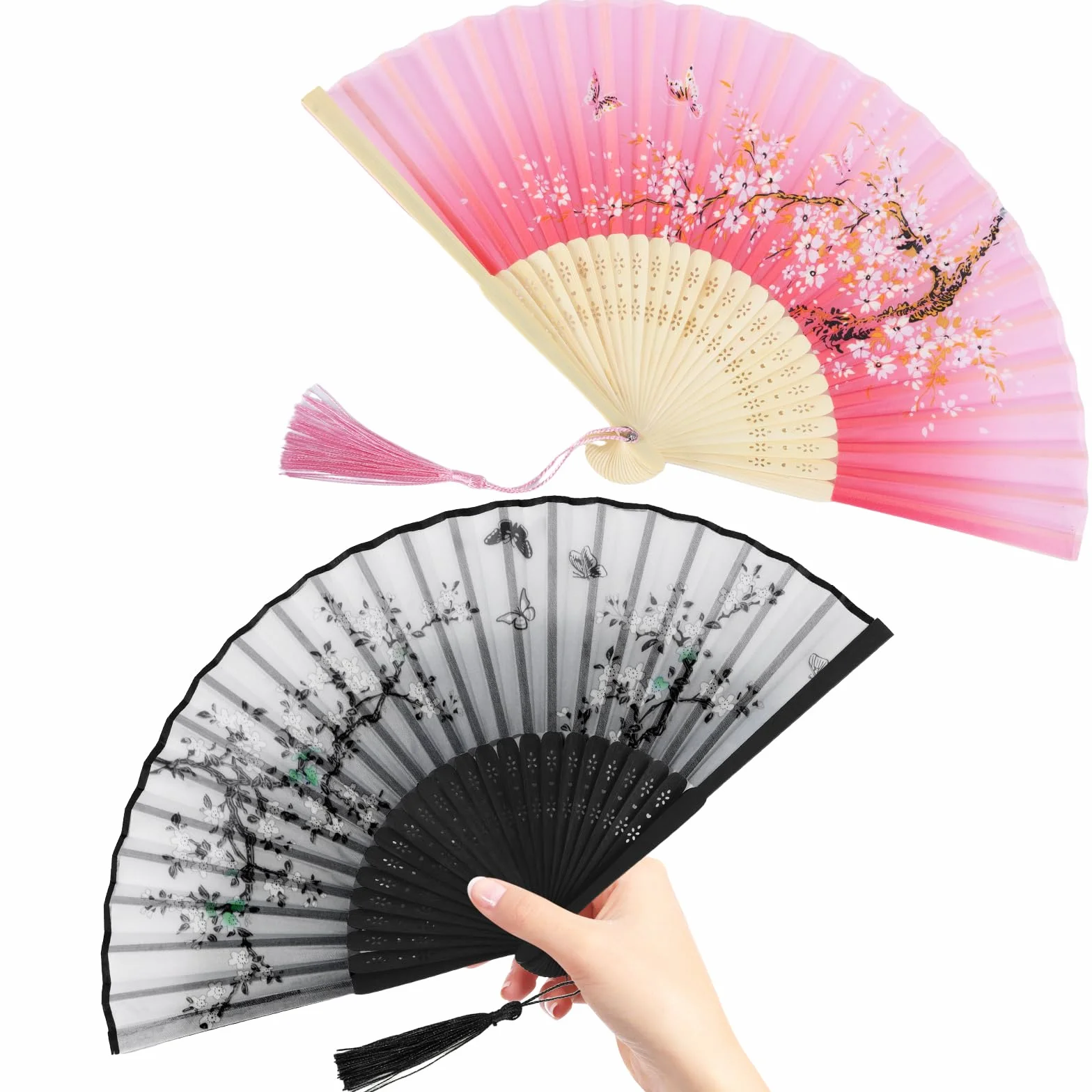 Ventagli Pieghevoli Cinesi in Bambù con Nappa, Nero e Rosa - Ventaglio Tradizionale per Donna, Matrimonio, Festa, Ballo, Teatro, Cosplay, Decorazione Casa, Idee Regalo Compleanno ed Estivo