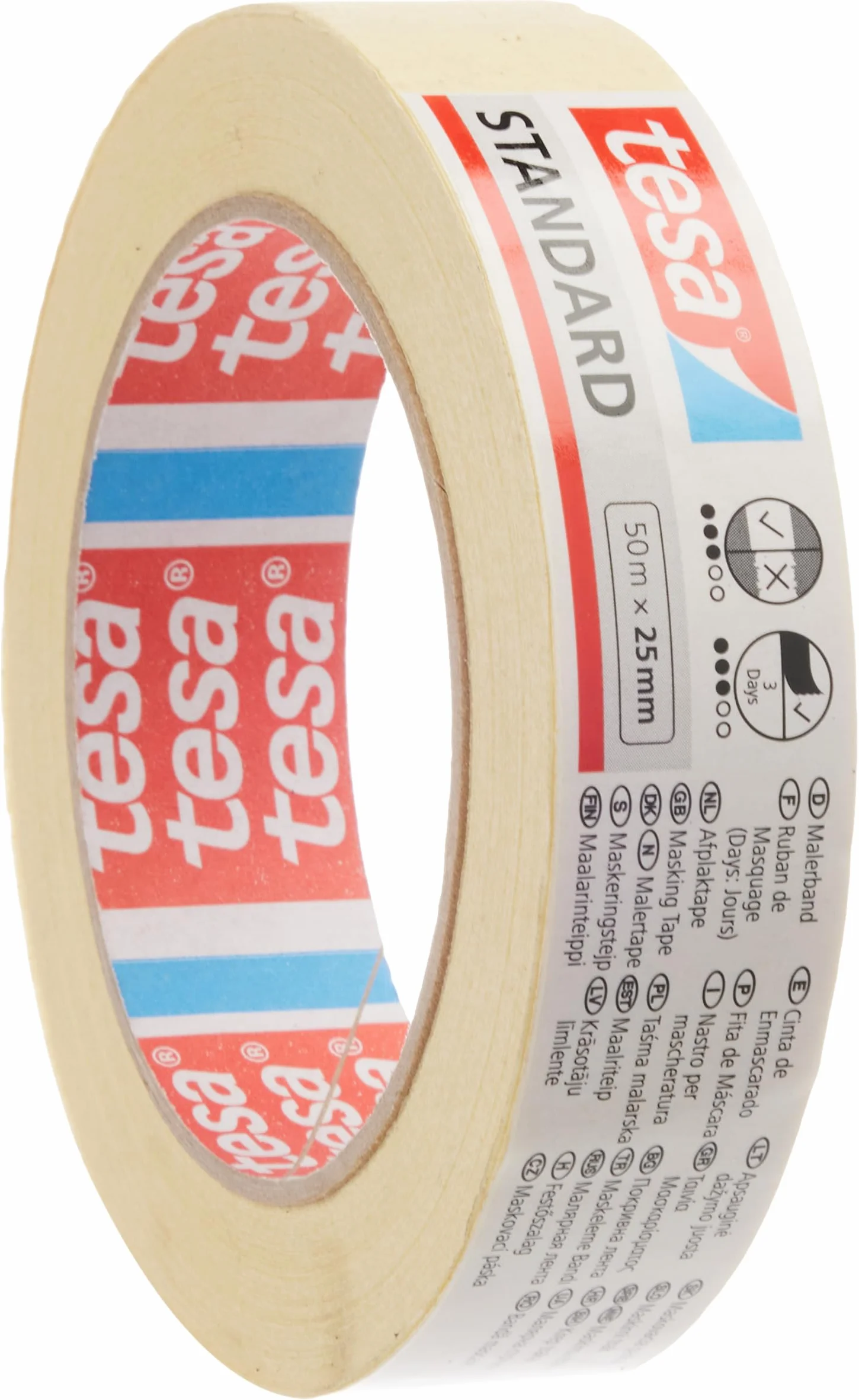 Tesa Nastro per Mascheratura Standard - Nastro in Carta per Mascheratura, Rimozione senza Residui per 2 Giorni, senza Solventi, 50 m x 25 mm
