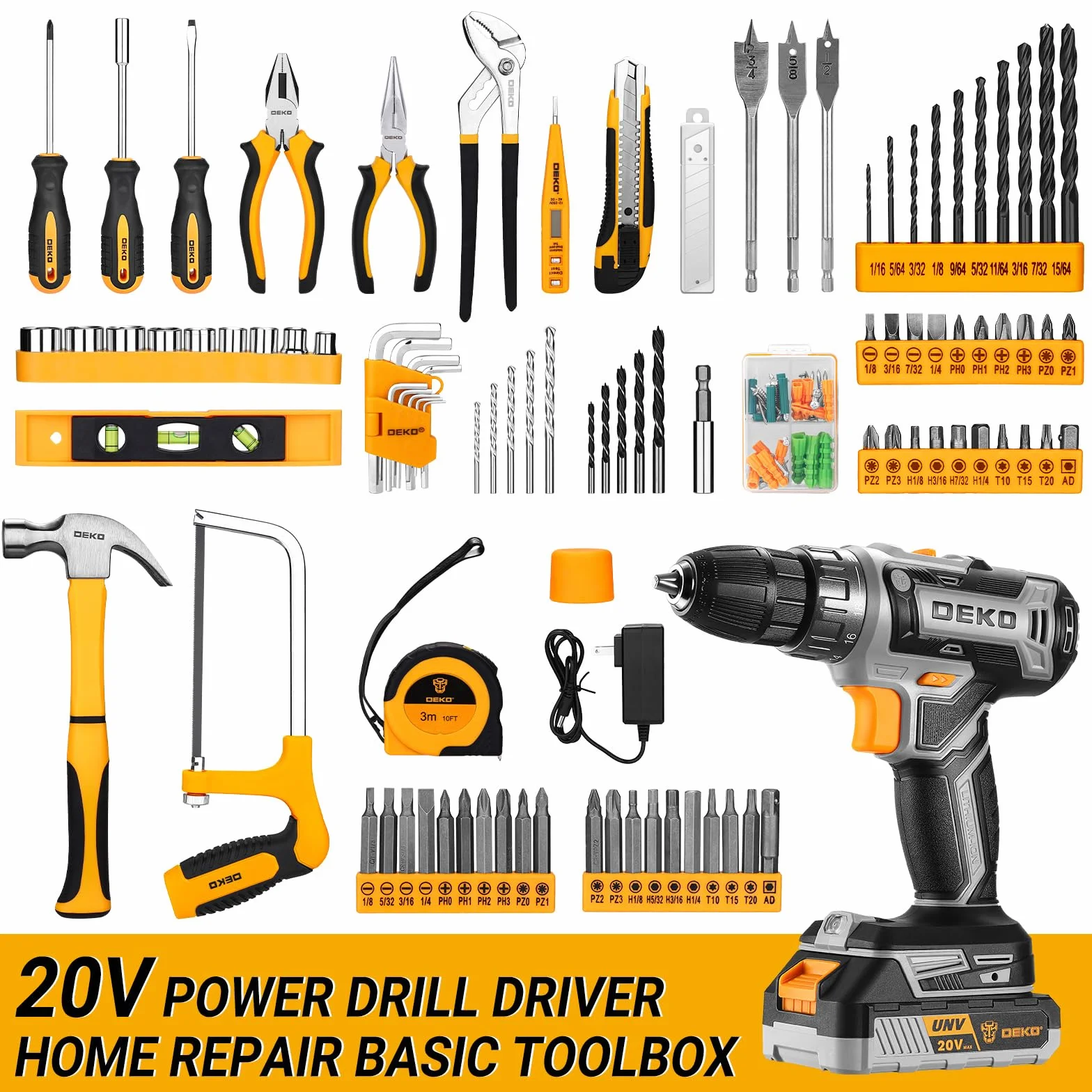 DEKO Cassetta Attrezzi Completa Trapano Avvitatore 20V 186 Pezzi Set Punte