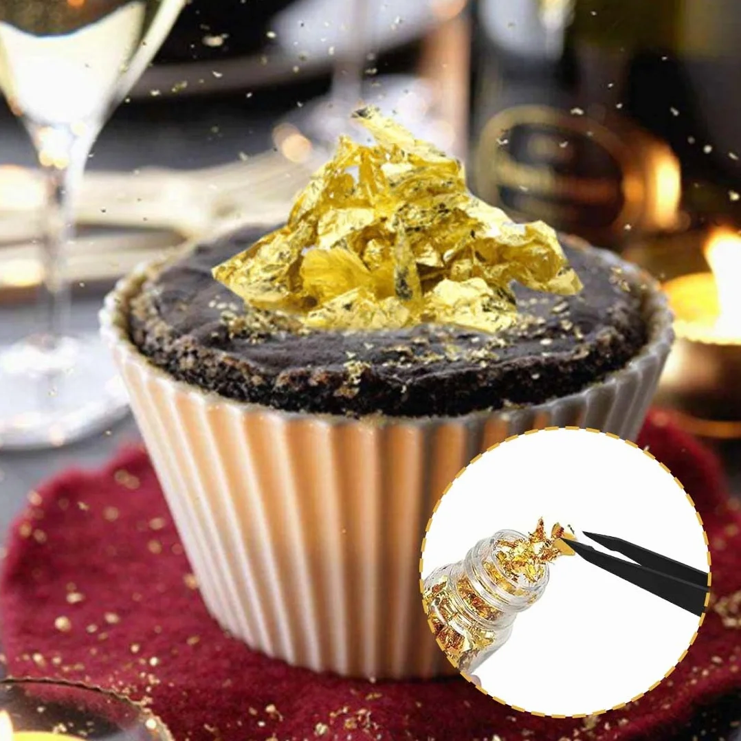 6 Pezzi Bottiglie Oro Alimentare, Foglia Oro Decorazione Per L'Uso Alimentare Perfetta Per Dolci Vino Gelati Uso In Cucina Fai Da Te, Decorazioni Torta Con 2 Pinzette