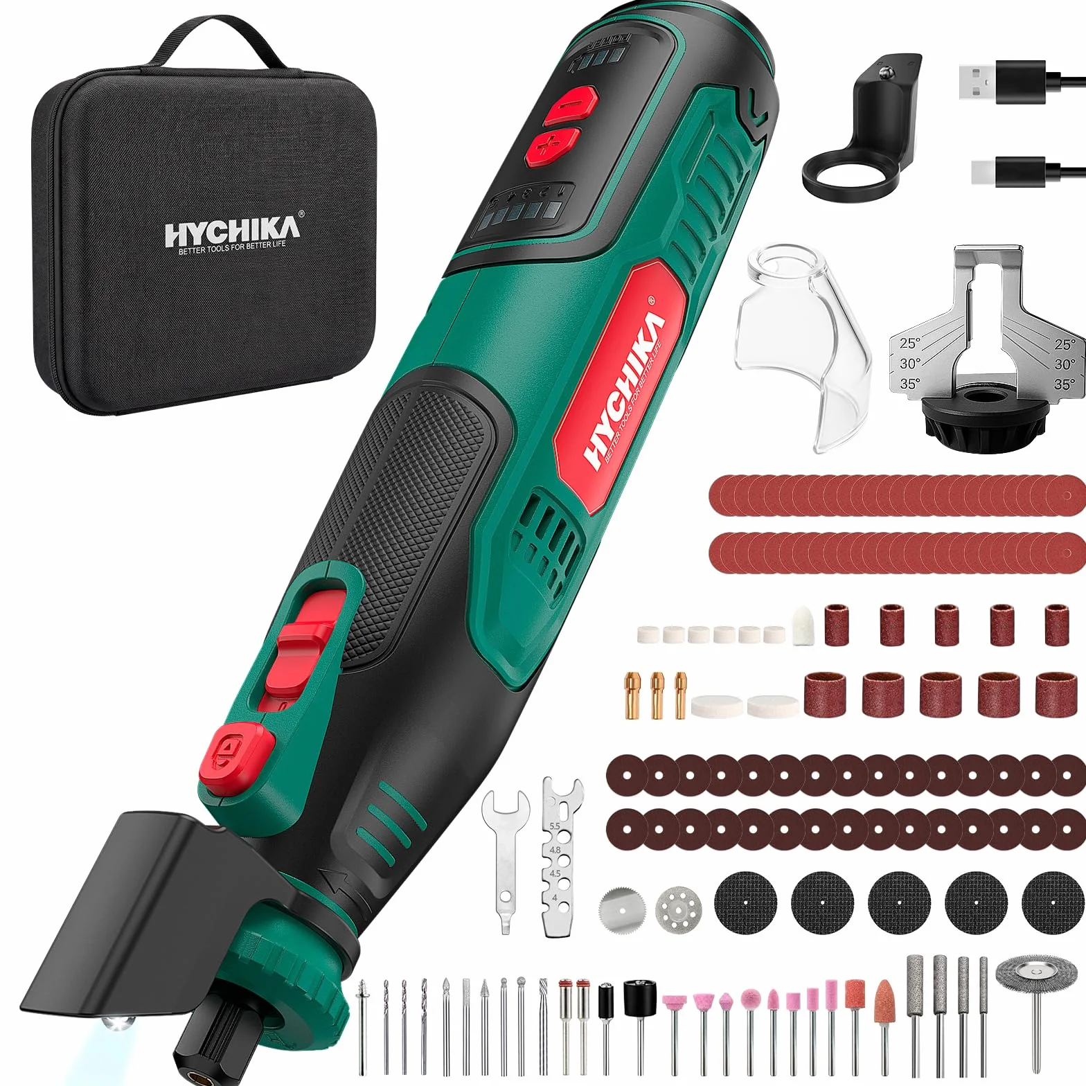 HYCHIKA Utensile rotativo cordless 8V 2,0Ah 5 velocità 30000 RPM kit 145 accessori levigatura lucidatura taglio foratura incisione