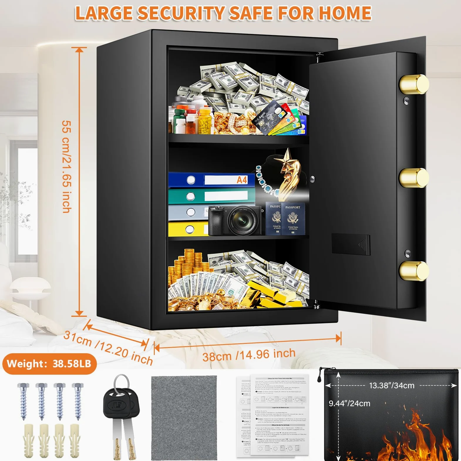 Mejasg Cassaforte ignifuga con custodia per documenti ignifuga e 2 ripiani rimovibili, 75 l, cassaforte per mobili, grande con sistema di allarme, lettore digitale per casa, contanti, gioielli