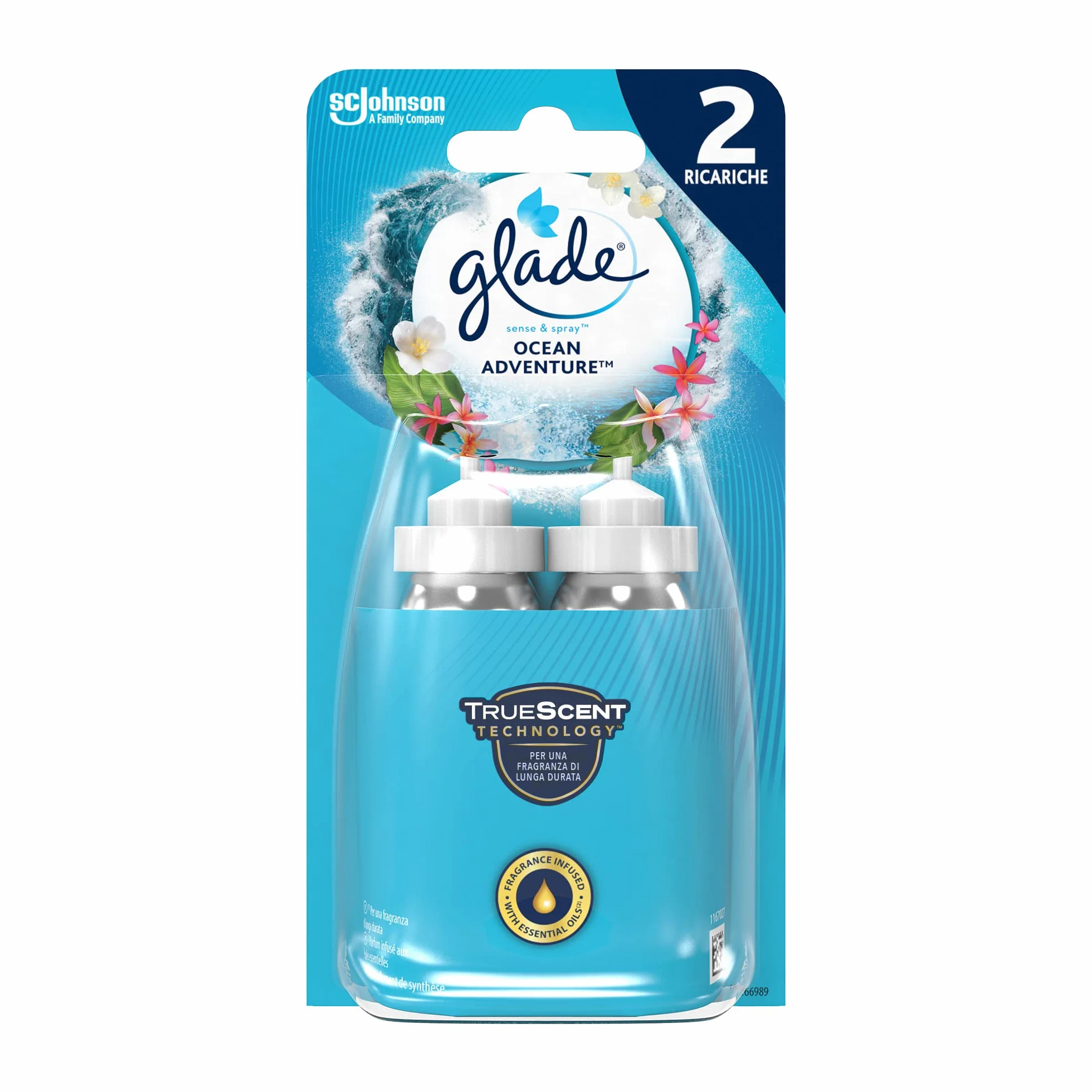 Glade Sense & Spray Doppia Ricarica, Profumatore per Ambienti con Olii Essenziali e Sensore di Movimento, Fragranza Ocean Adventure, Confezione da 2 Ricariche x 18 ml