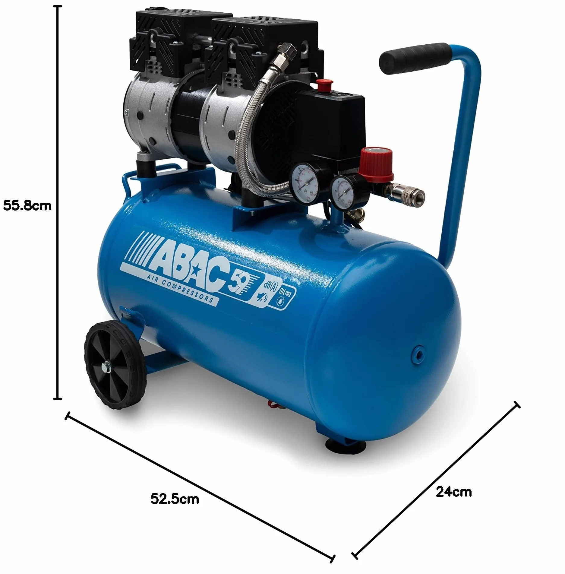 ABAC Compressore d'Aria Silenzioso EASE-AIR 24, Compressore Aria Oil-Free, Pressione Massima 8 Bar, Potenza 1 Hp, Serbatoio 24 Litri, Rumorosità 59 dB