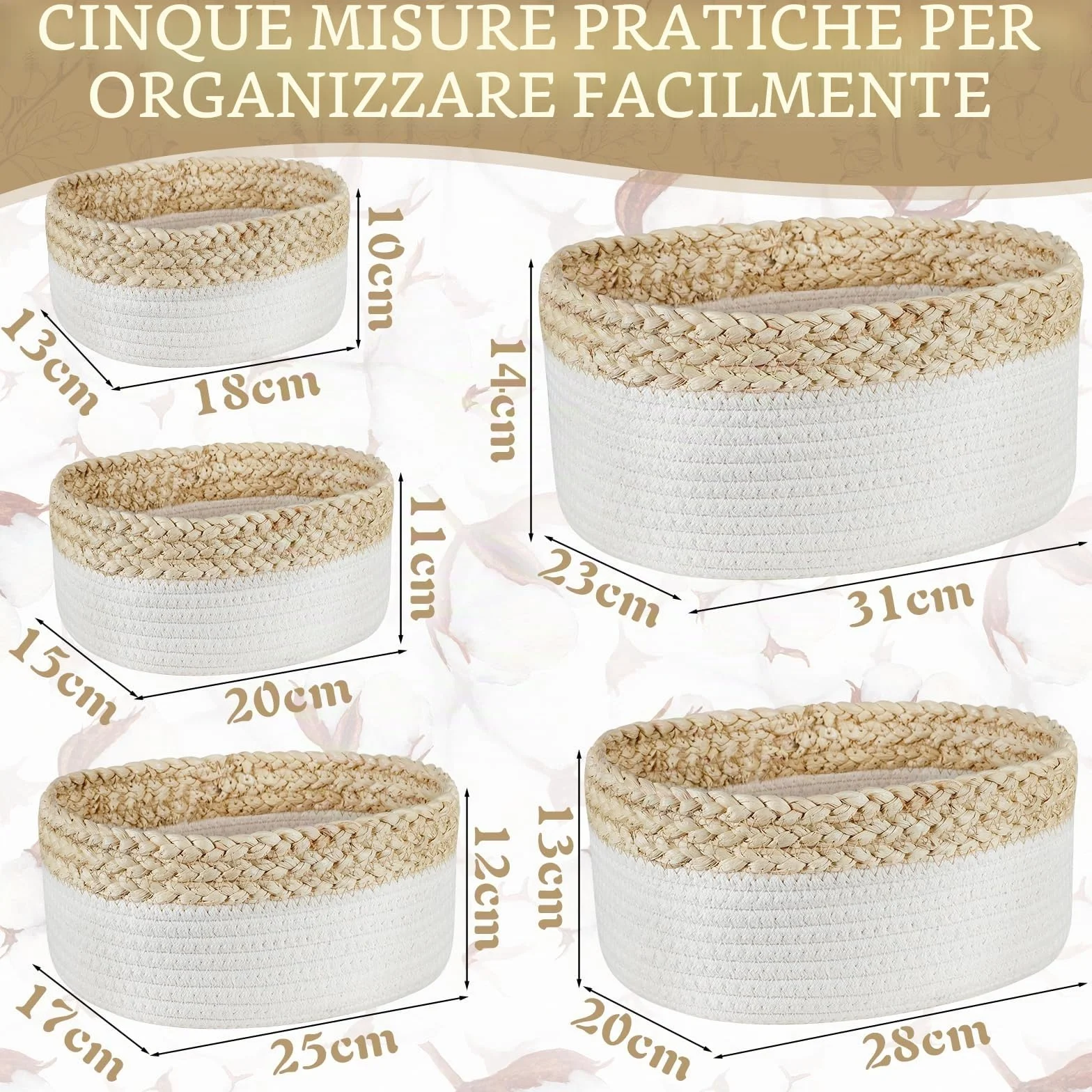 ENCOUN Set 5 Cestini Portaoggetti Intrecciato in Corda di Cotone, Impilabile Organizer Fasciatoio, Cestino Portaoggetti Bagno, cestini portaoggetti bagno per Cameretta, Salotto, Giocattoli, Ufficio
