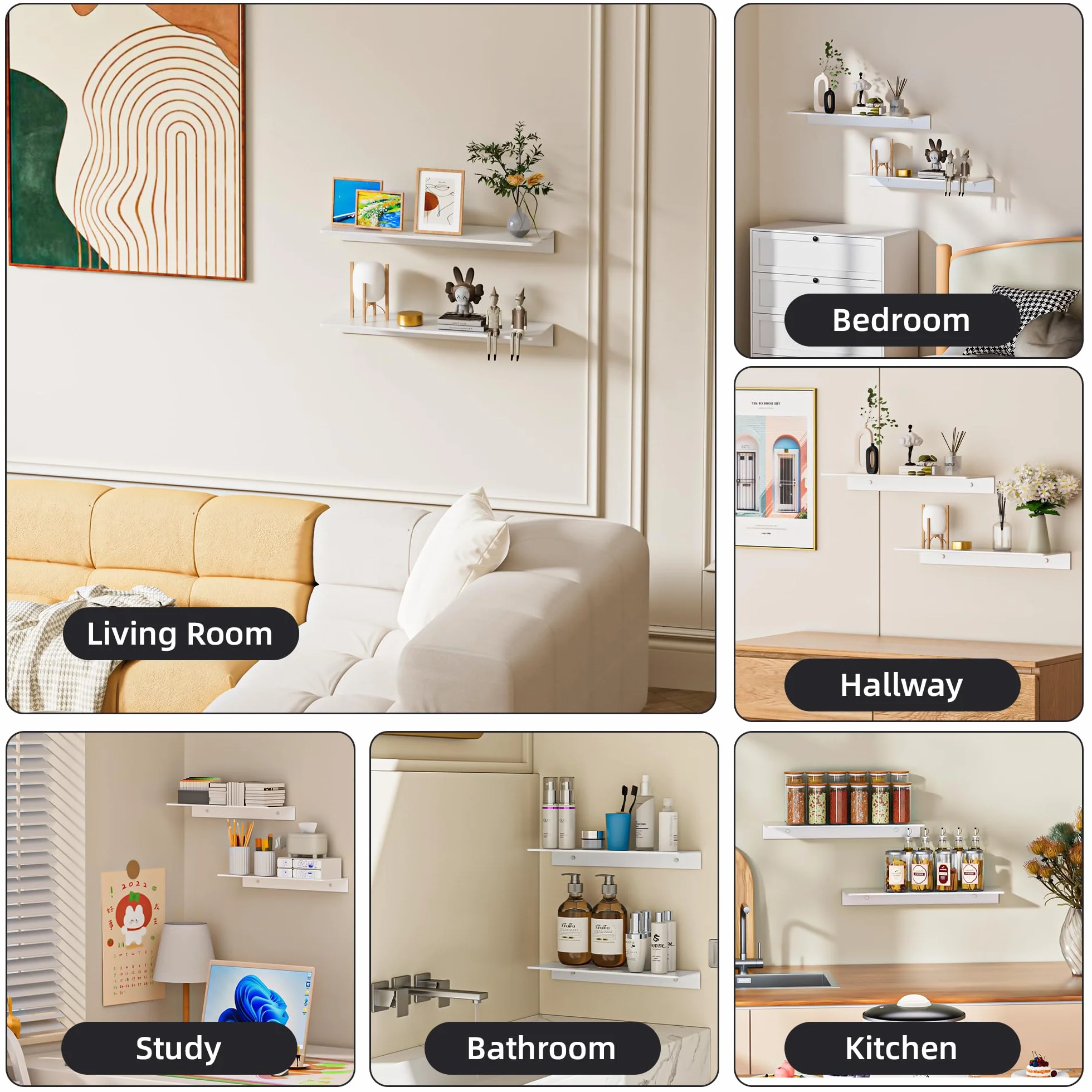 HNVNER Mensole da Parete in Metallo 2 Pezzi - 40 cm Mensola da Muro Bianco Lucido in Lega di Alluminio Senza Foratura, Antiruggine, Ripiani a Parete per Soggiorno, Camera da Letto, Bagno