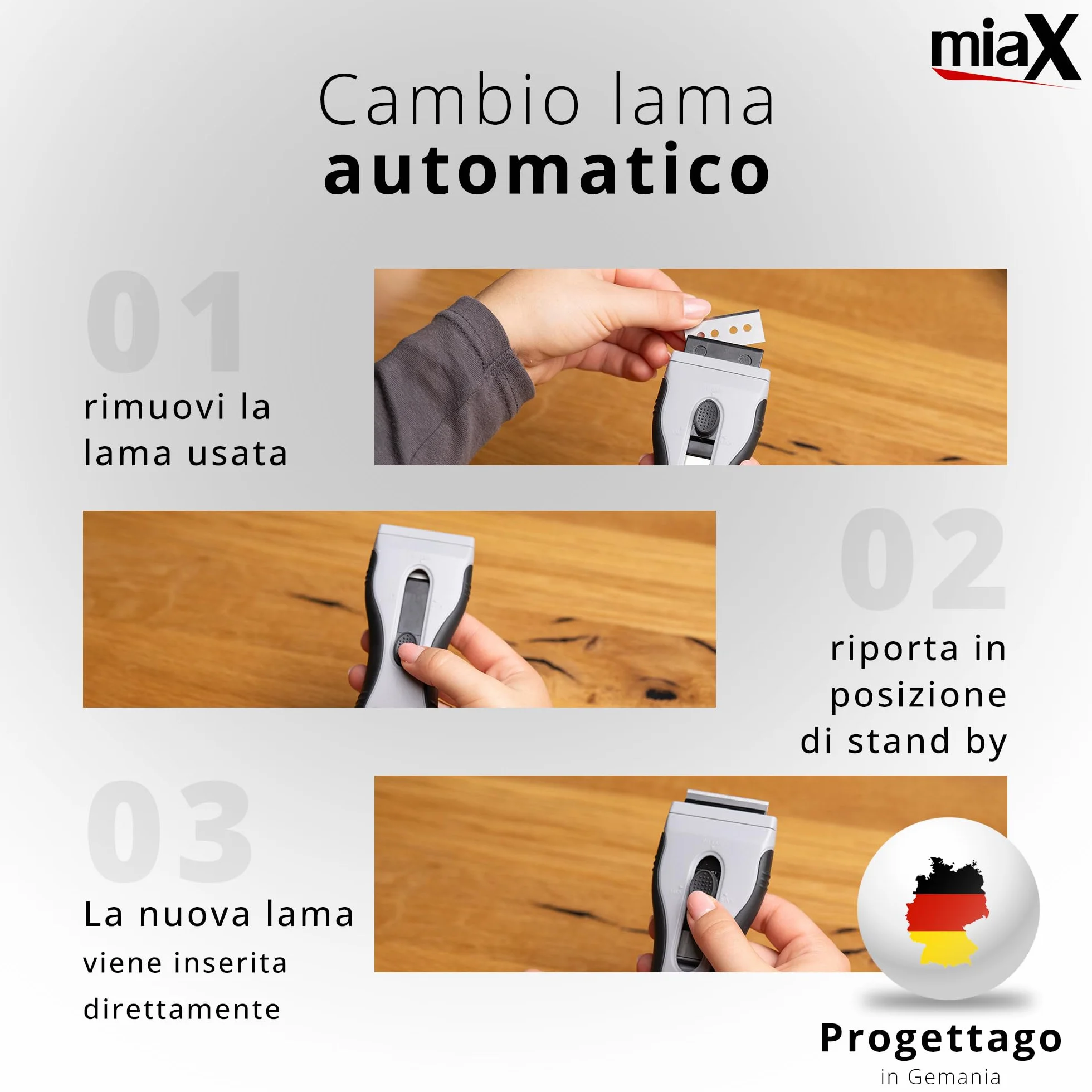 miaX Premium Spatola Multiuso 2.0 – Raschietto rimuovi silicone, con 8 lame di ricambio integrate – per piano induzione, vetro, adesivi, vernici