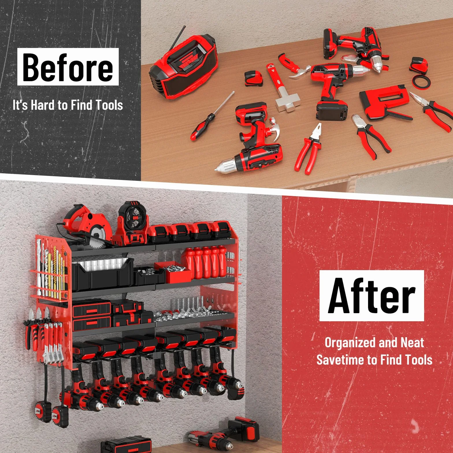 Organizzatore per attrezzi da parete, supporto per trapano a percussione, scaffale portautensili in metallo, organizer pesante per garage e officina con supporto laterale per cacciavite per garage e