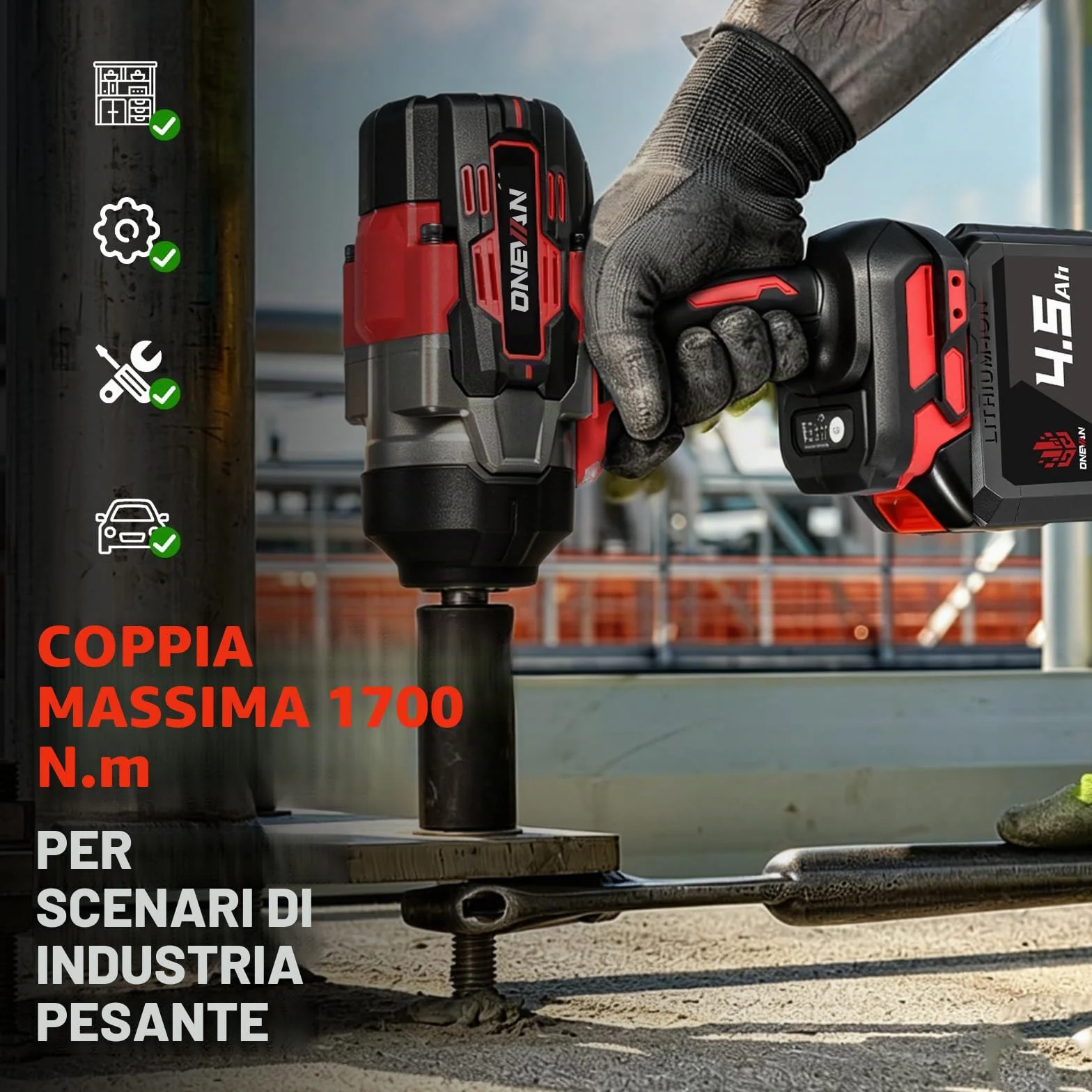 ONEVAN avvitatore a impulsi a batteria 1700Nm Brushless 1/2" senza fili 2 batterie 4,0 Ah