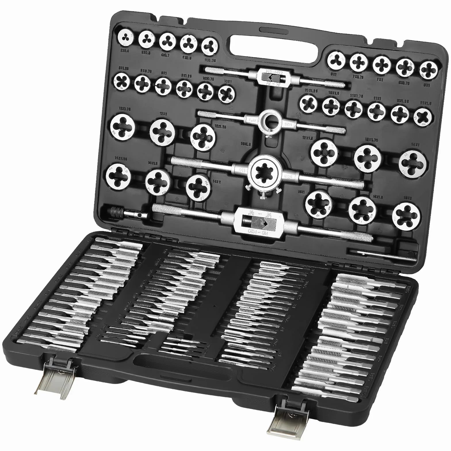 VEVOR Set di Filiere Maschi Utensili per Filettatura Misura Metrica M2-M18 110 Pezzi in Totale, Set per Rubinetti Matrici in Lega di Zinco Utensili per Filettature in Valigetta, Set Rubinetti Chiavi