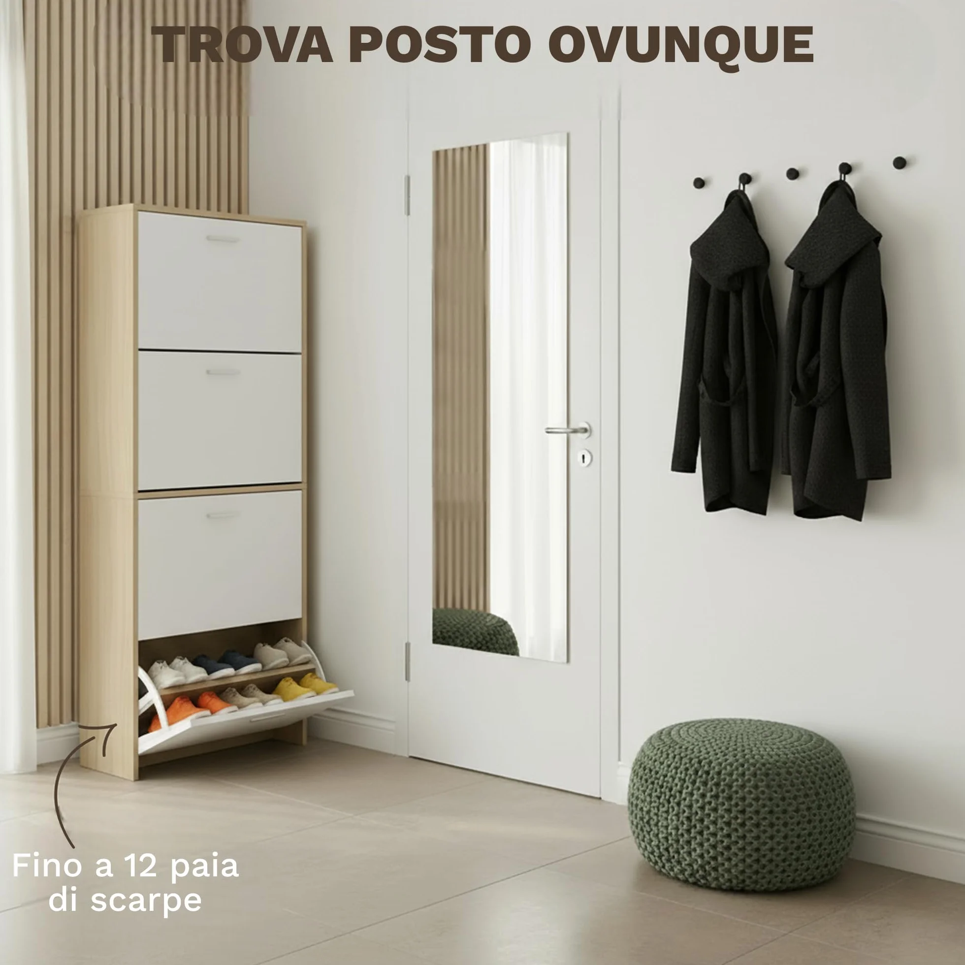 CATAVANA Scarpiera salvaspazio slim 60 cm in legno bianco, scarpiera da ingresso con 4 ante, scarpiera 24 paia, design moderno alto e stretto, ideale come portascarpe ingresso