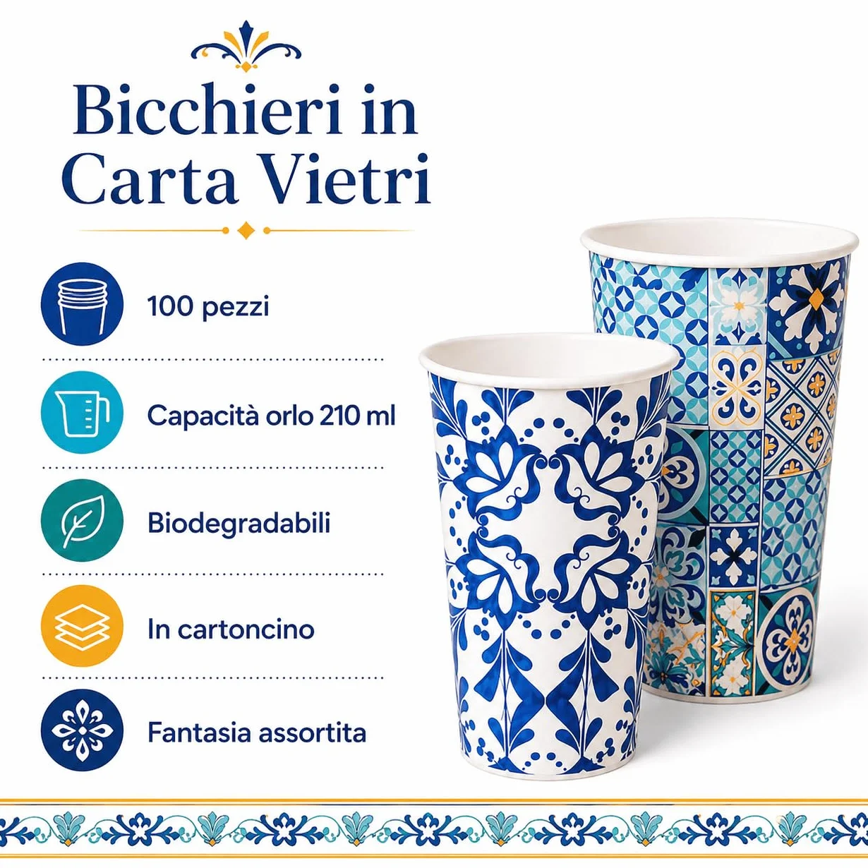 Bicchieri in Carta per Acqua 210ml Biodegradabili Bianco Azzurro Rosso Rosa 100 pz